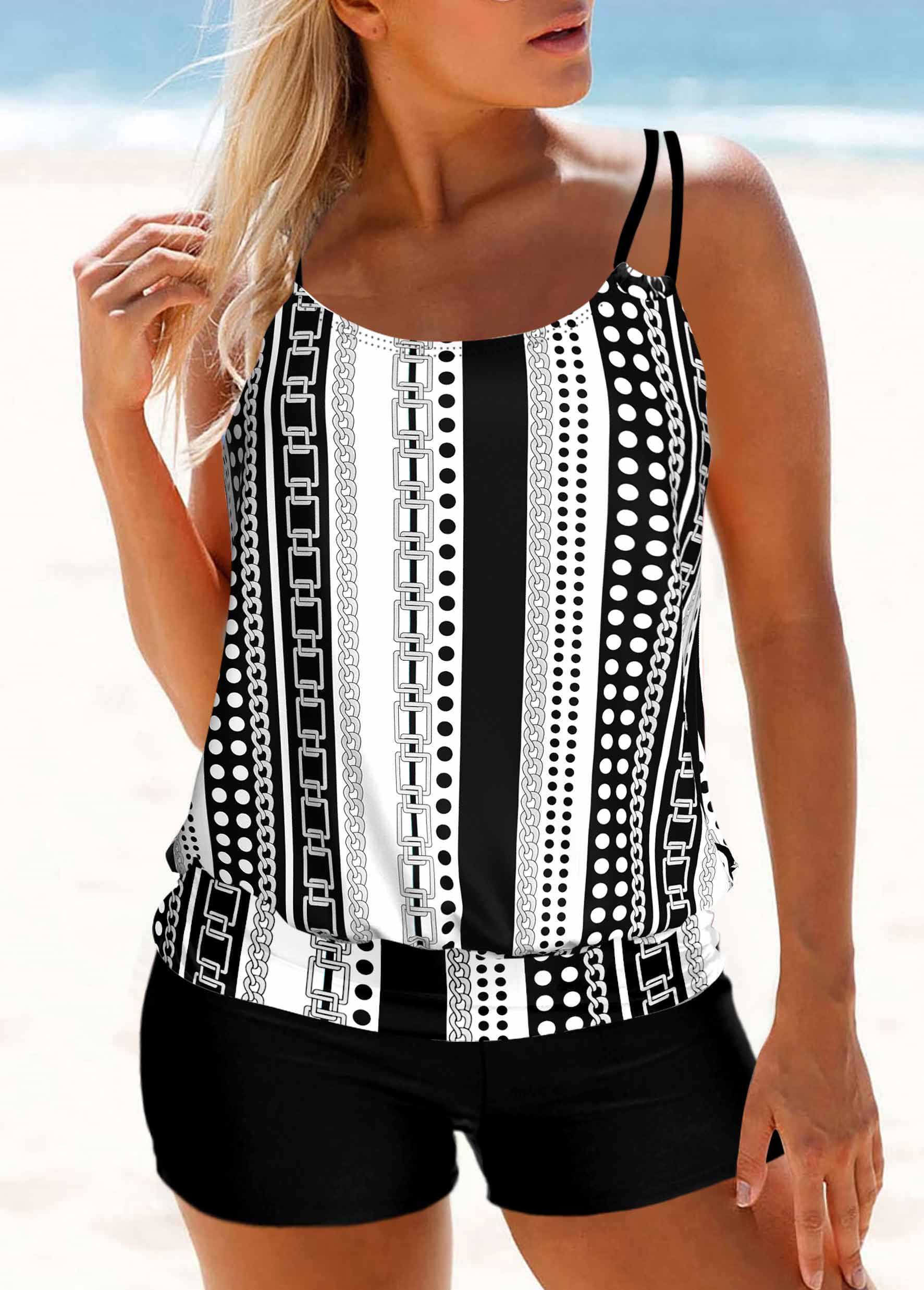 White swimwear,Tribal swimwear,ROTITA Geometric Print White Double Straps Tankini Top