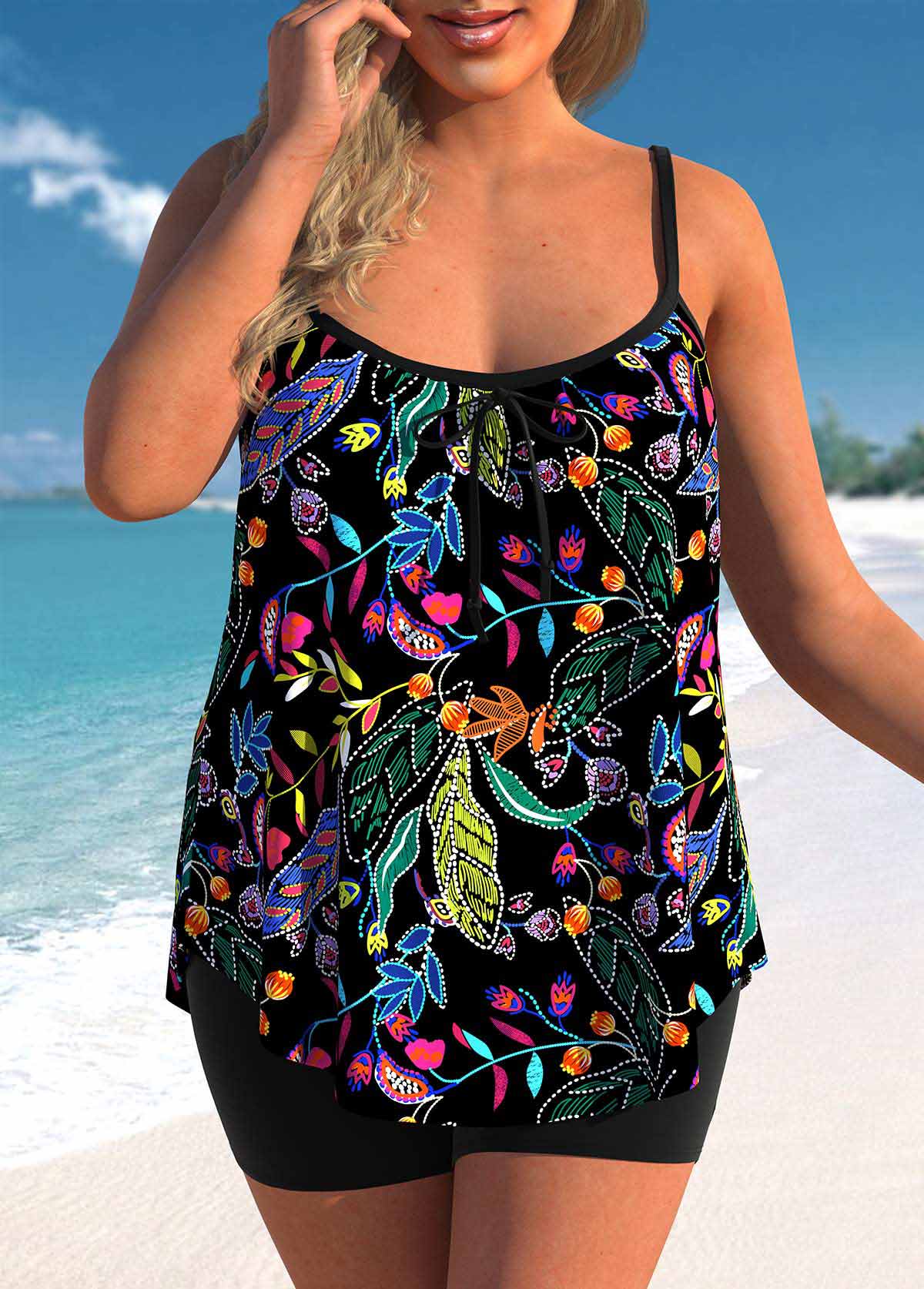 ROTITA Plus Size Leaf Print Black Tankini Top-No Bottom