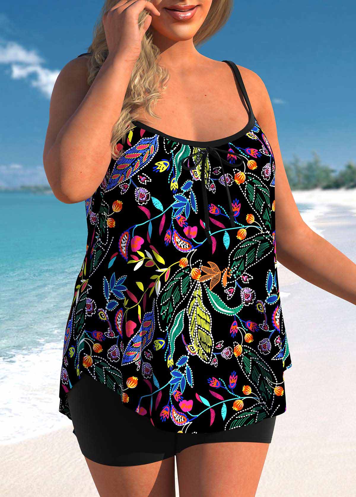 Black plus size,Plants plus size,ROTITA Plus Size Leaf Print Black Tankini Top