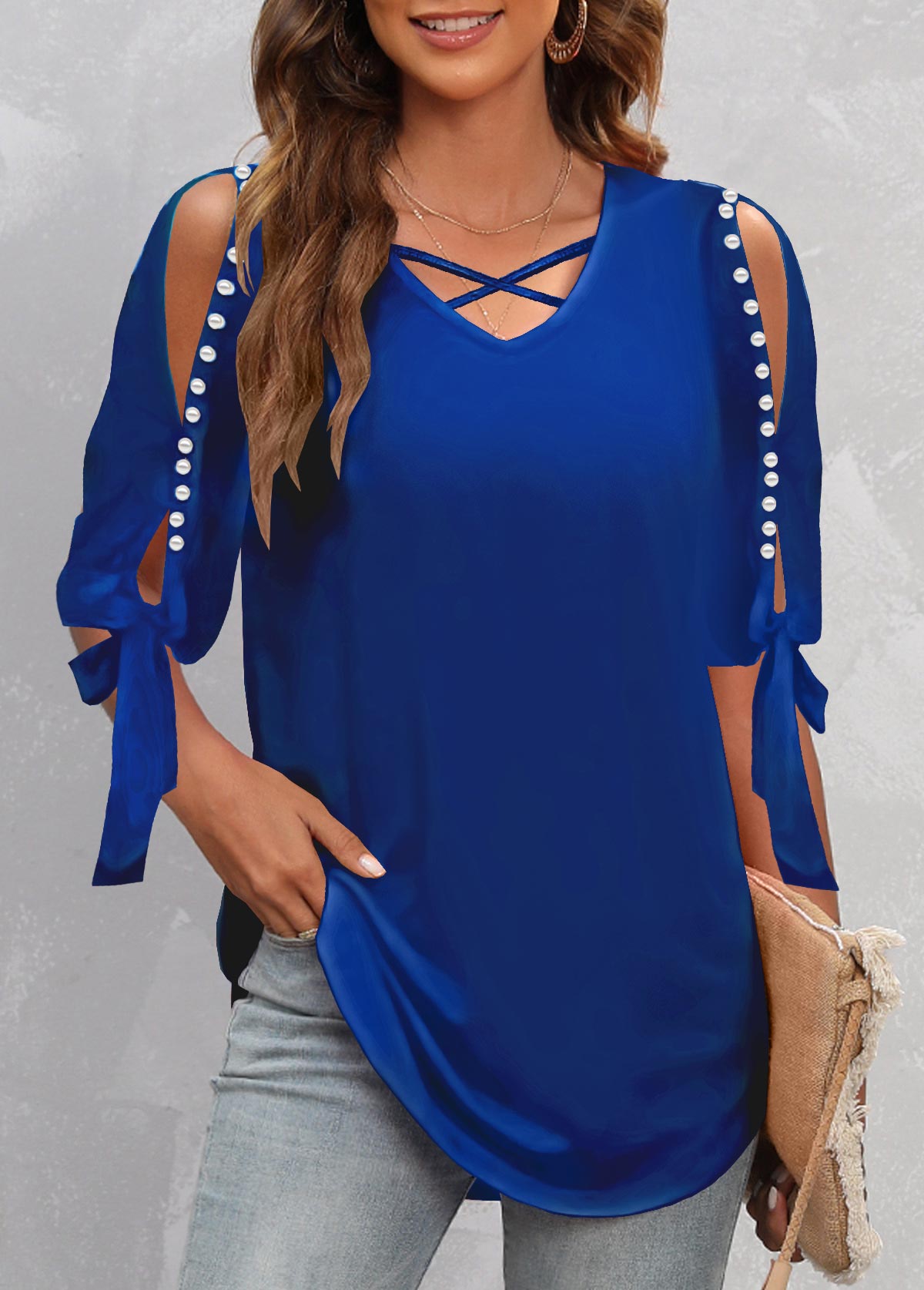 ROTITA Pearl Design Dark Blue Cold Shoulder T Shirt