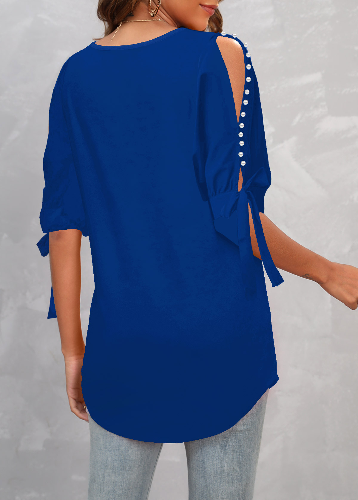 Dark Blue tops,Plain Color tops,ROTITA Pearl Design Dark Blue Cold Shoulder T Shirt