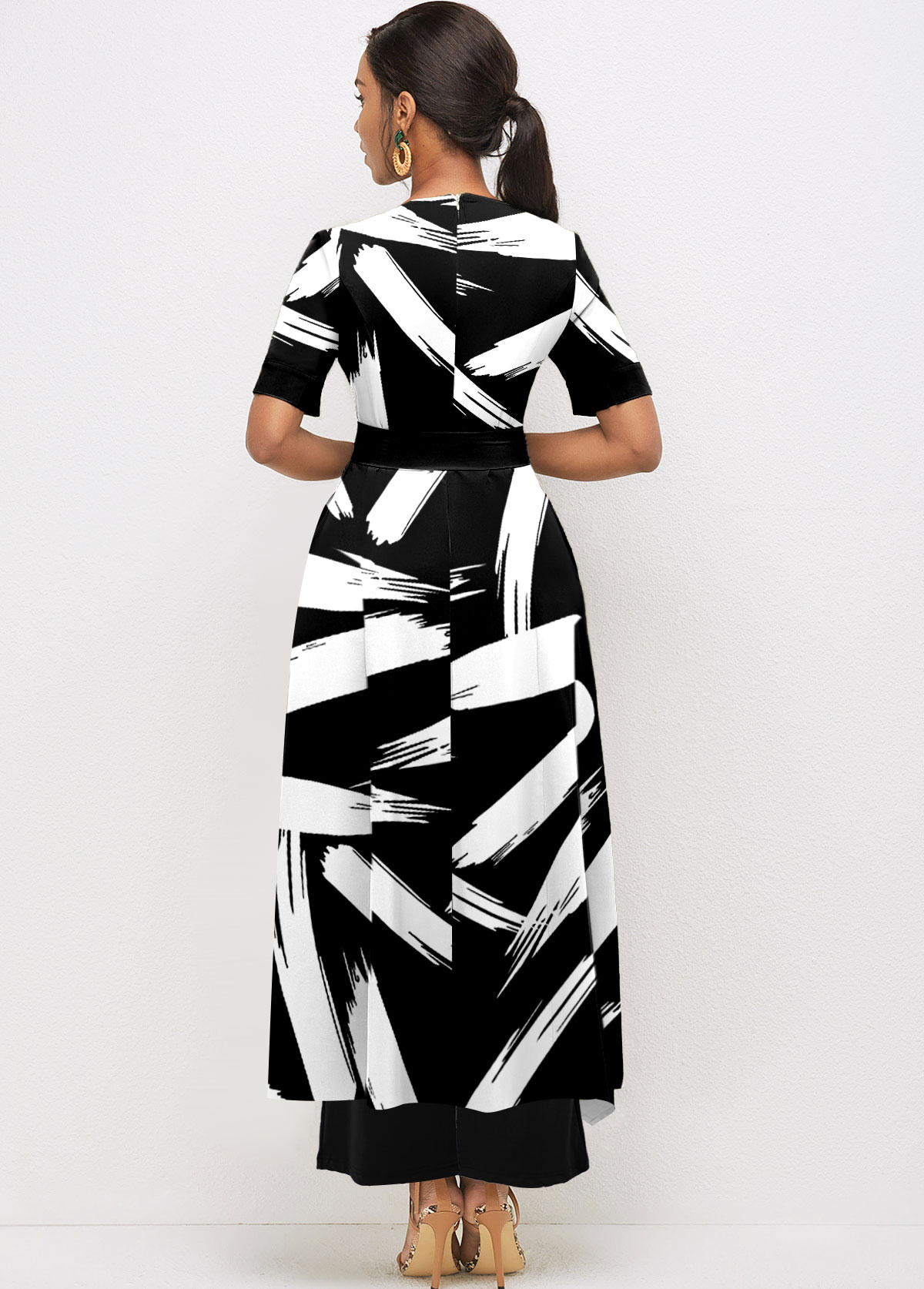 Black jumpsuits&rompers,Graphic jumpsuits&rompers,ROTITA Pocket Brush Stroke Print Belted Black Jumpsuit