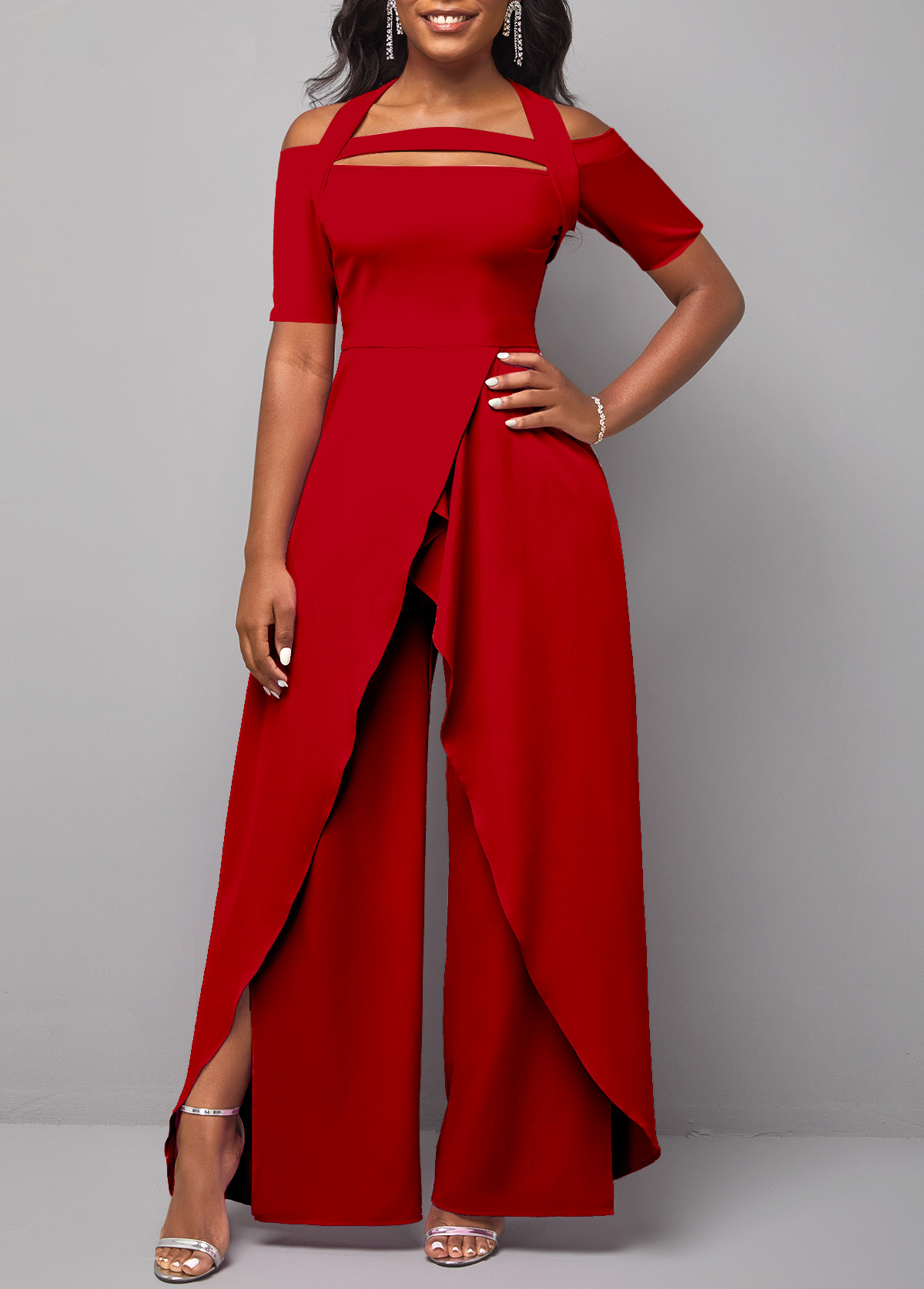 Red jumpsuits&rompers,Plain Color jumpsuits&rompers,ROTITA Split Red Long Wide Leg Tie Collar Jumpsuit