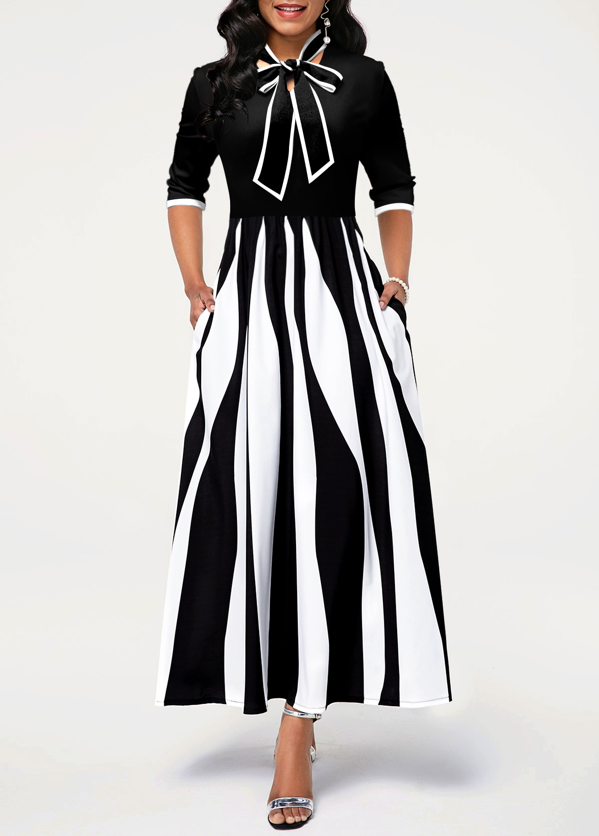 ROTITA Pocket Geometric Print White Tie Collar Maxi Dress