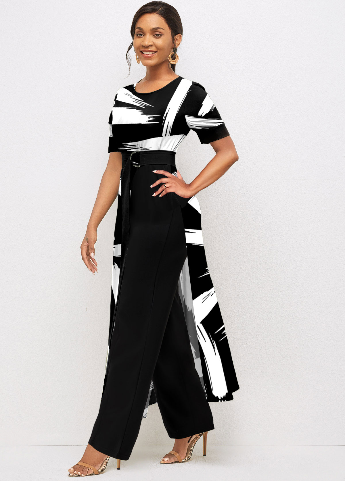 Black plus size,Graphic plus size,ROTITA Graffiti Print Belted Black Asymmetric Hem Jumpsuit