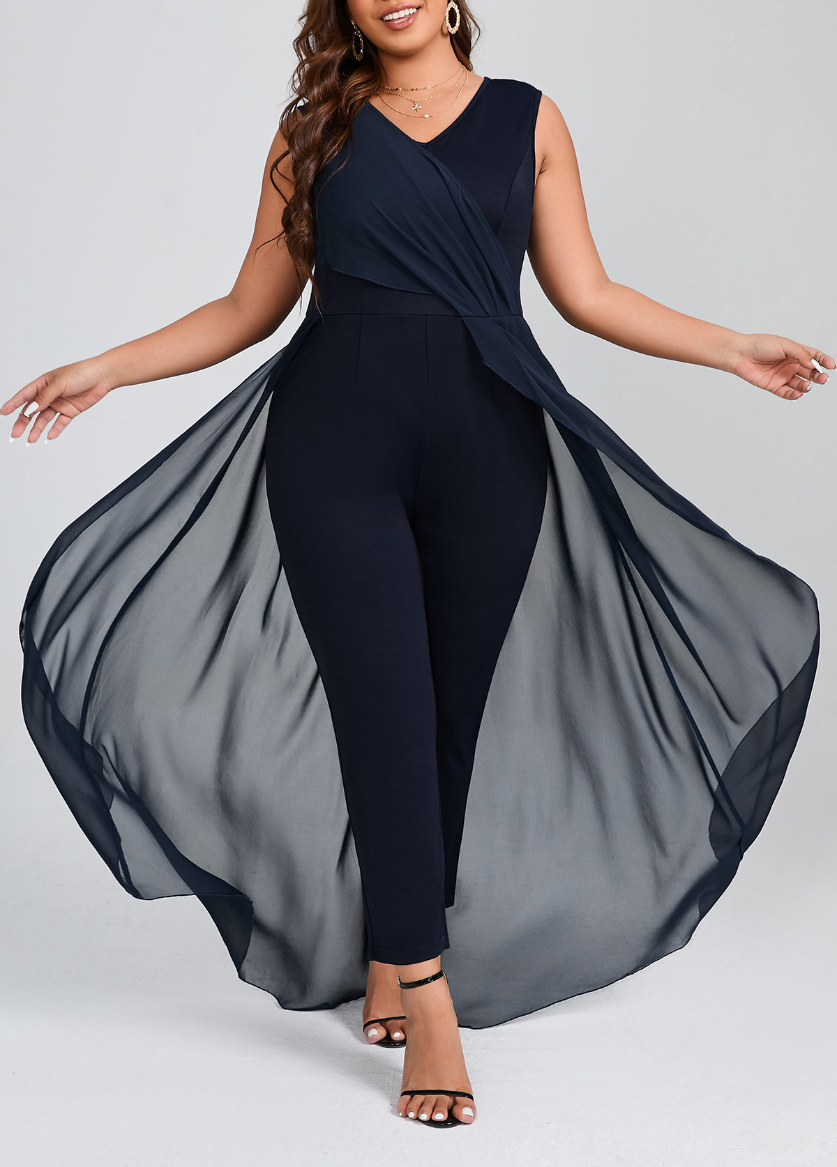 Navy plus size,Plain Color plus size,ROTITA Plus Size Patchwork Navy V Neck Sleeveless Jumpsuit