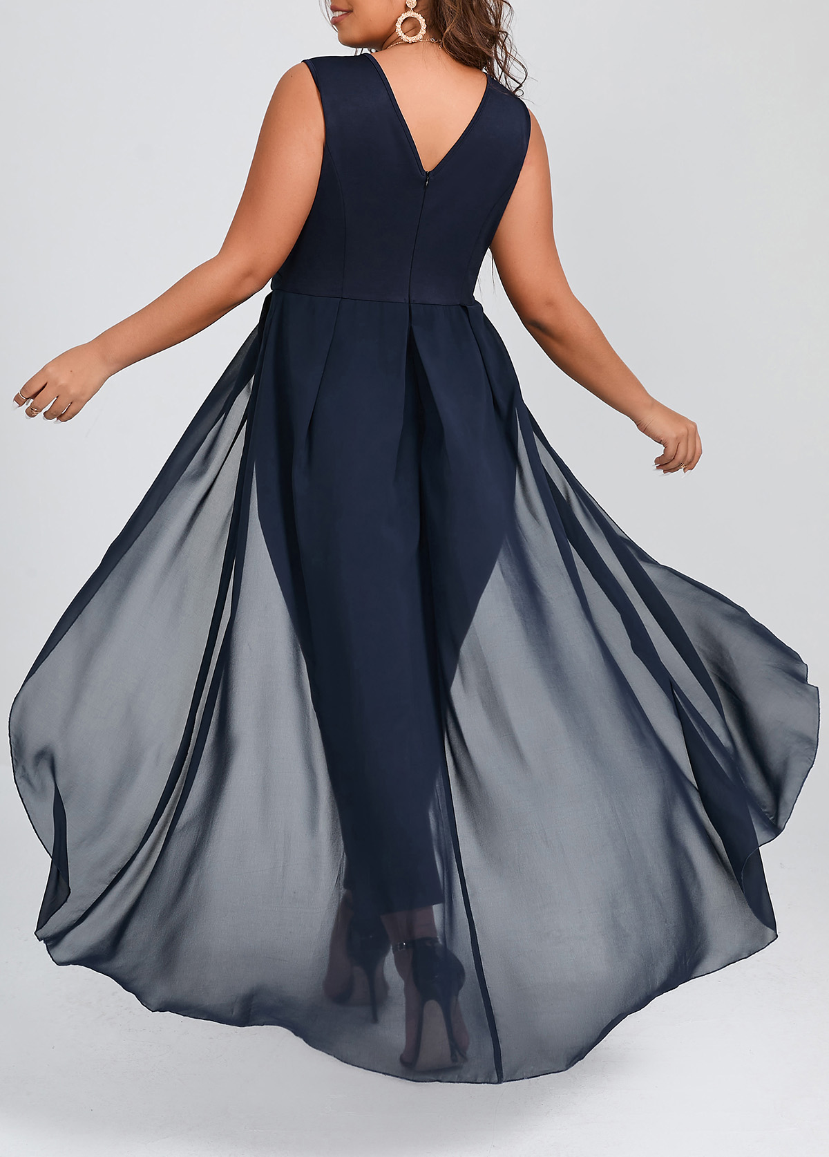 Navy plus size,Plain Color plus size,ROTITA Plus Size Patchwork Navy V Neck Sleeveless Jumpsuit