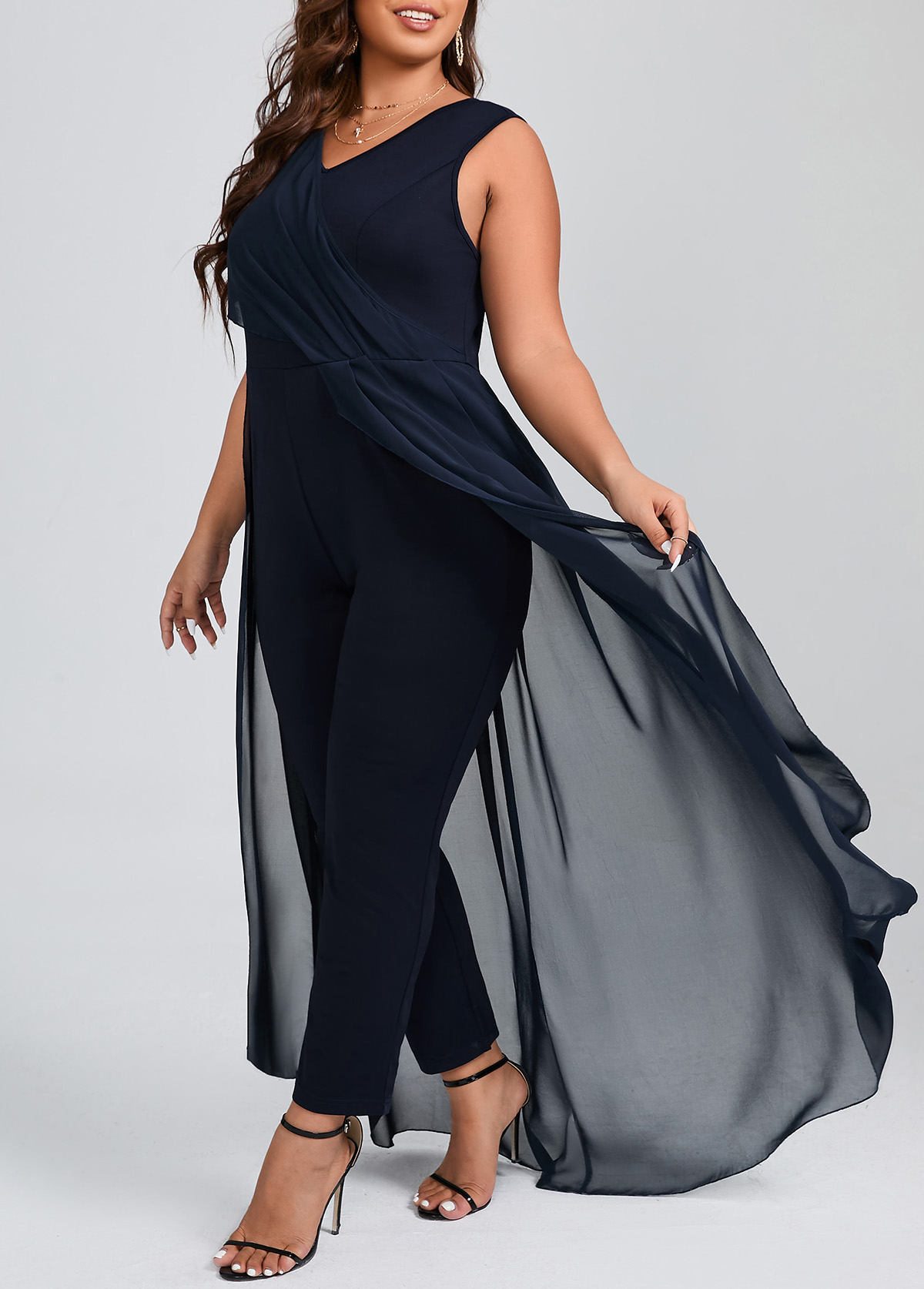 Navy plus size,Plain Color plus size,ROTITA Plus Size Patchwork Navy V Neck Sleeveless Jumpsuit