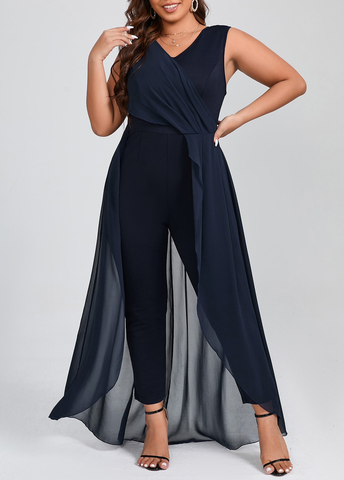 Navy plus size,Plain Color plus size,ROTITA Plus Size Patchwork Navy V Neck Sleeveless Jumpsuit