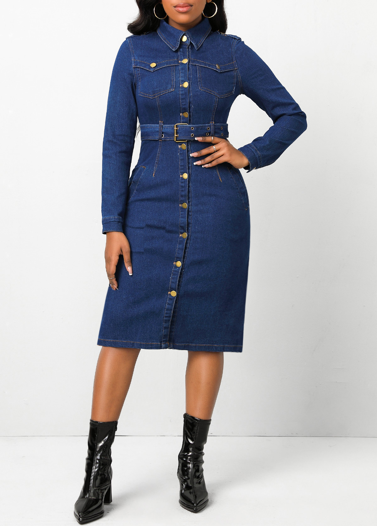 Dark Blue dresses,Plain Color dresses,ROTITA Pocket Dark Blue Belted Shirt Collar Bodycon Dress