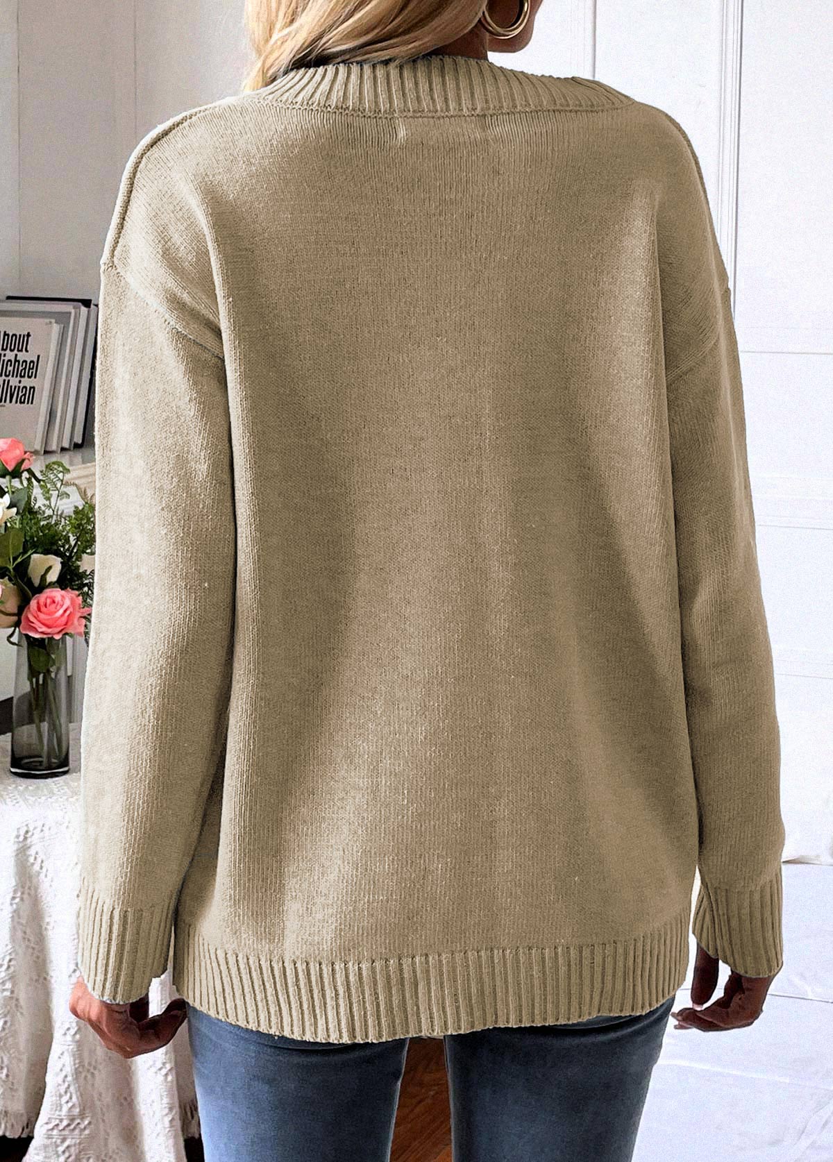 Light Camel tops,Plain Color tops,Light Camel V Neck Long Sleeve Sweater