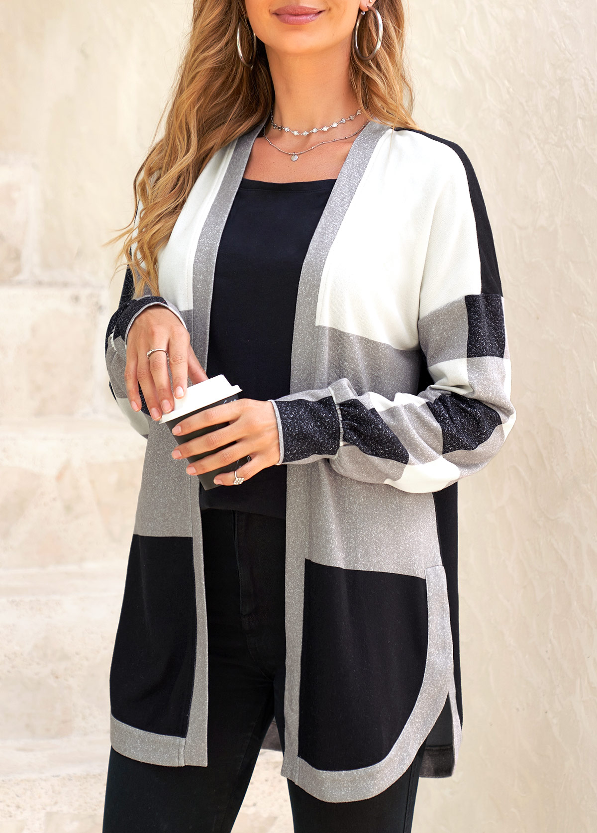 Black outerwear & coats,Plaid outerwear & coats,Geometric outerwear & coats,ROTITA Split Plaid Black Long Sleeve Coat