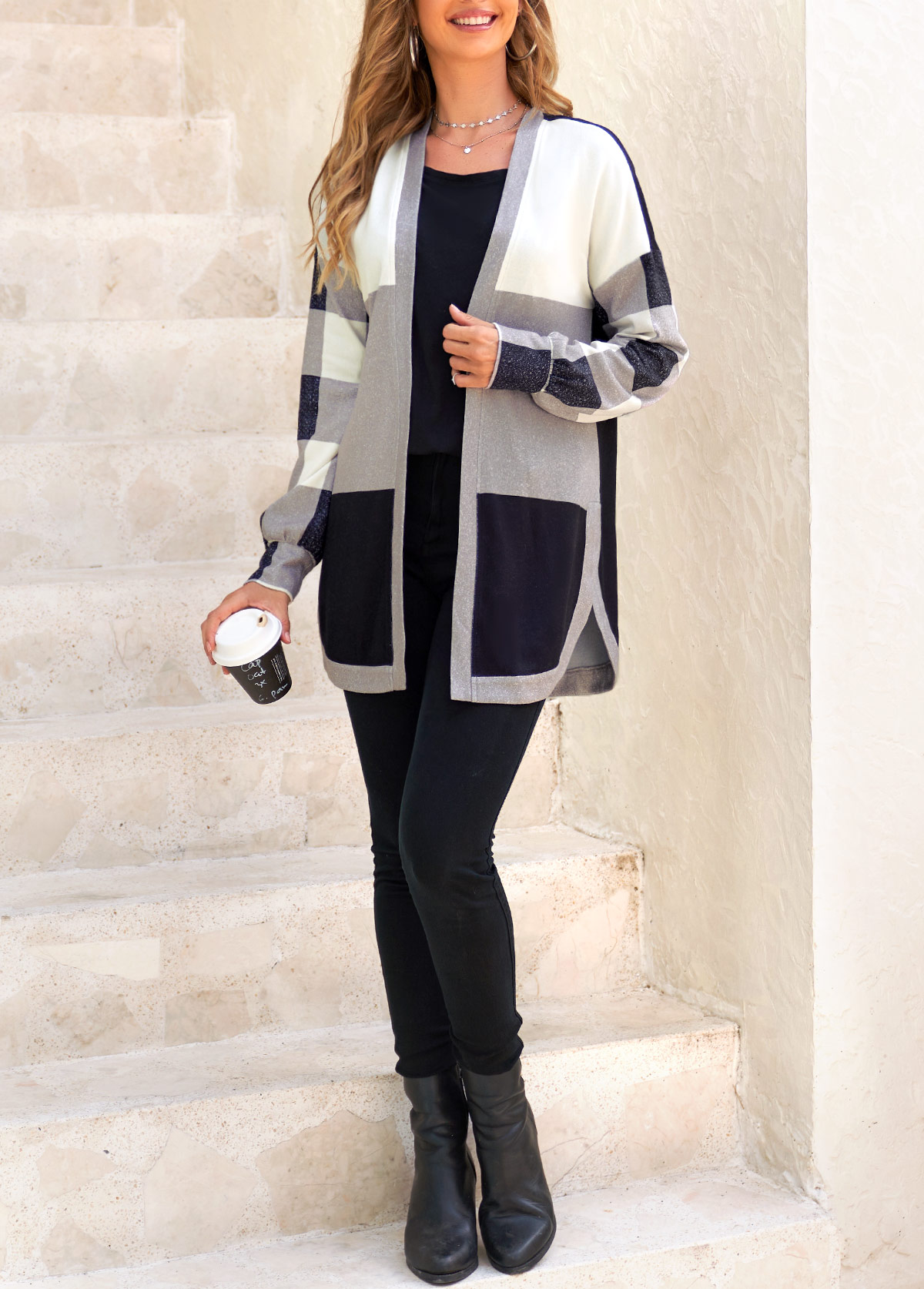 Black outerwear & coats,Plaid outerwear & coats,Geometric outerwear & coats,ROTITA Split Plaid Black Long Sleeve Coat