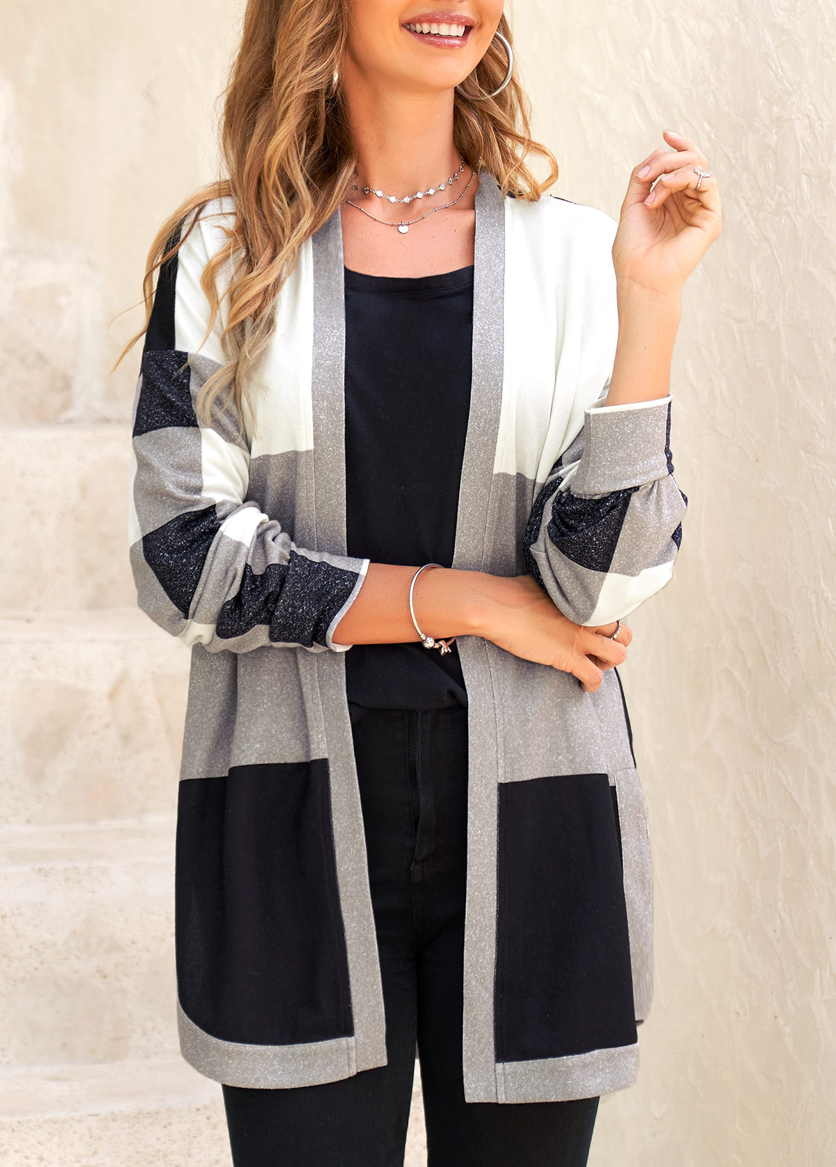 Black outerwear & coats,Plaid outerwear & coats,Geometric outerwear & coats,ROTITA Split Plaid Black Long Sleeve Coat