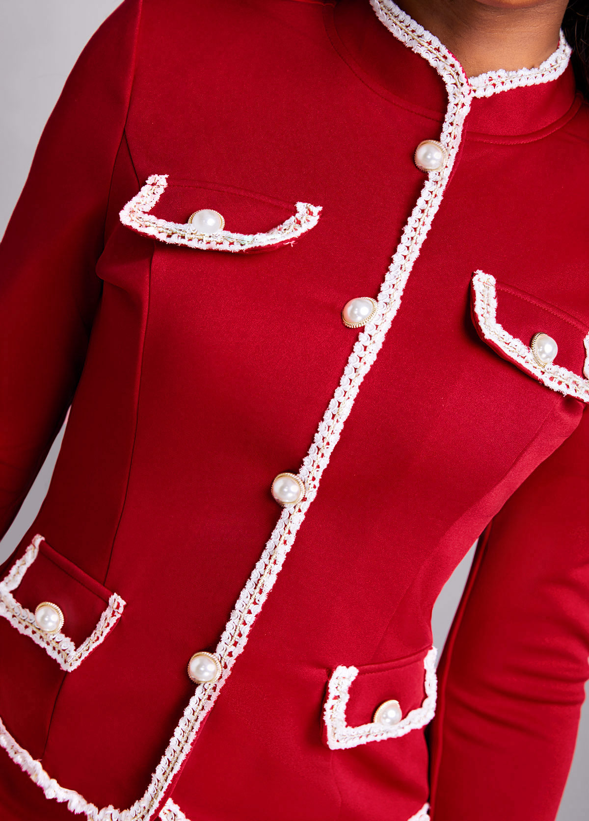 Wine Red dresses,Plain Color dresses,ROTITA Contrast Binding Wine Red Stand Collar Suit