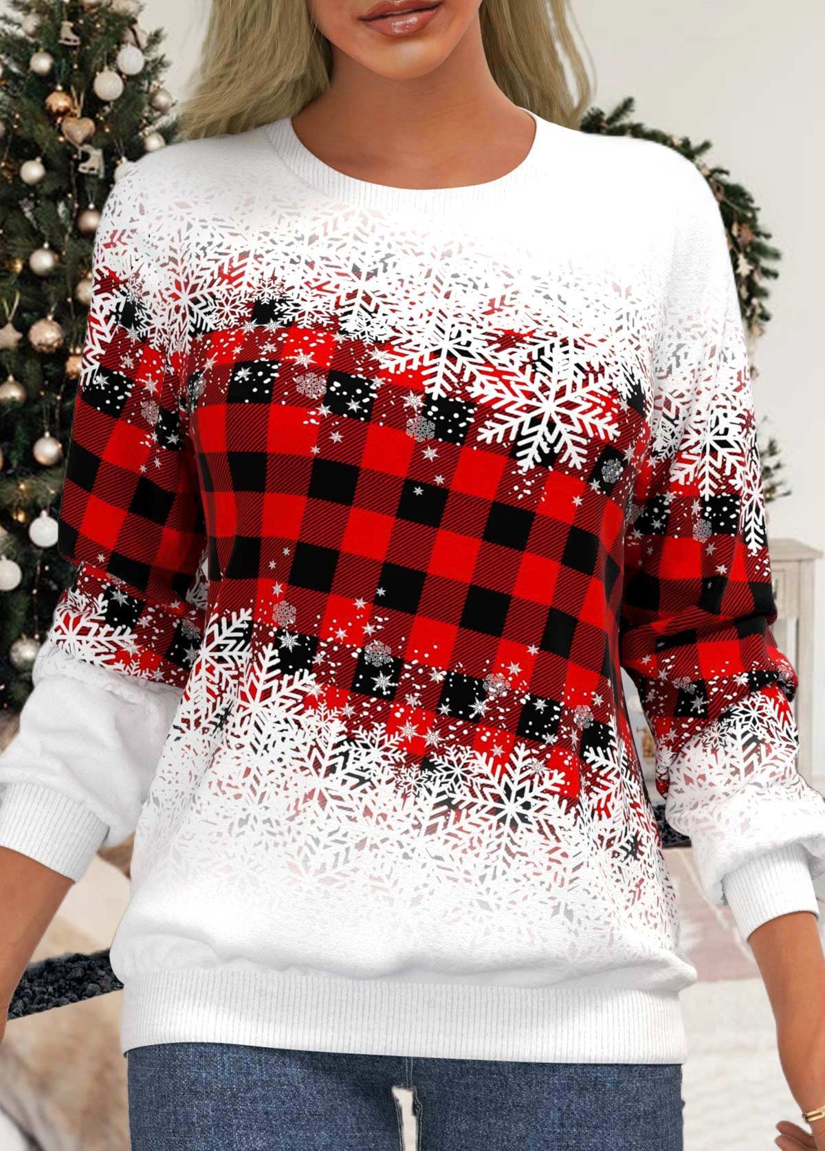ROTITA Plus Size Snowflake Print Red Round Neck Long Sleeve Sweatshirt