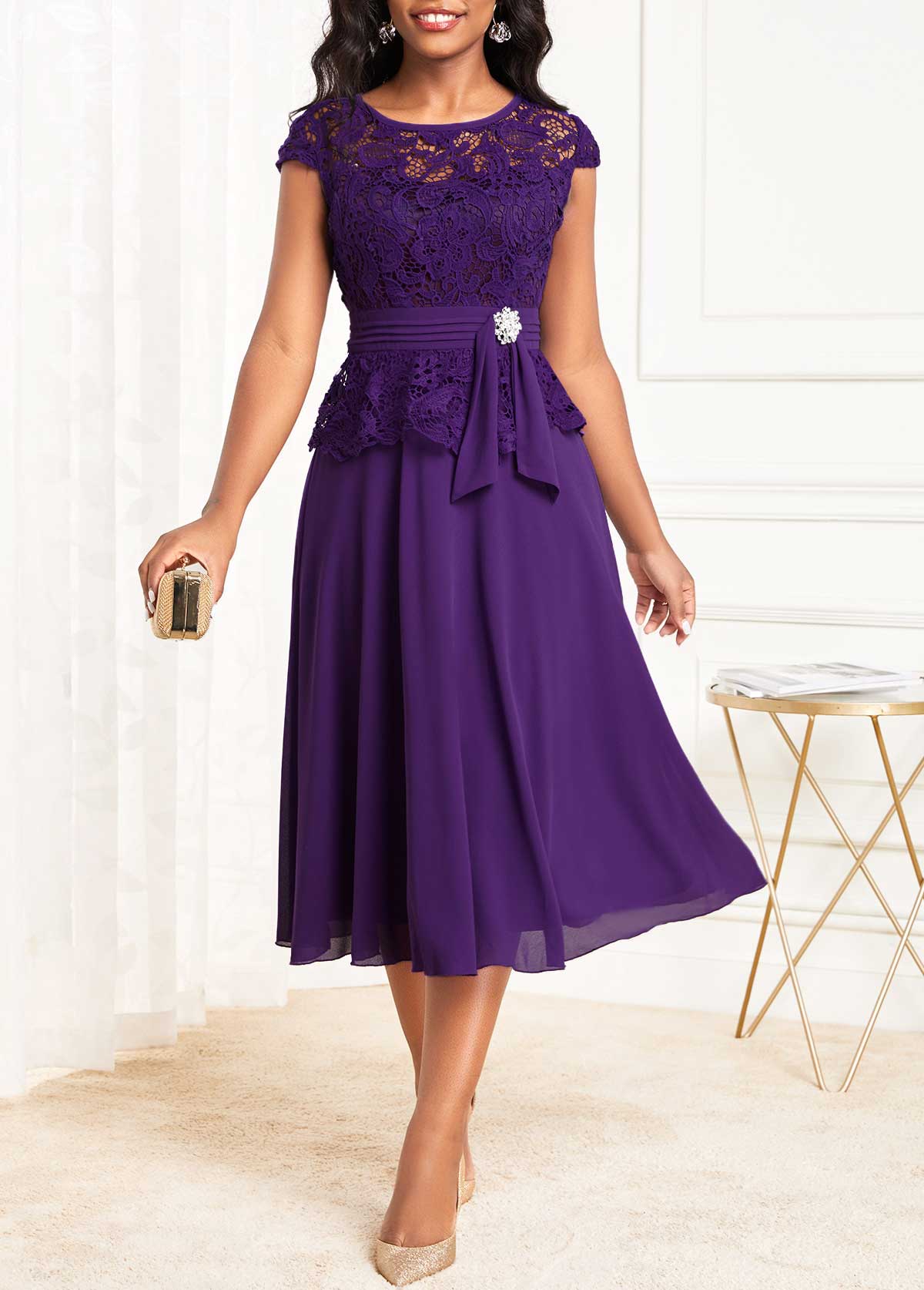 ROTITA Robe violette en dentelle à col rond et mancherons