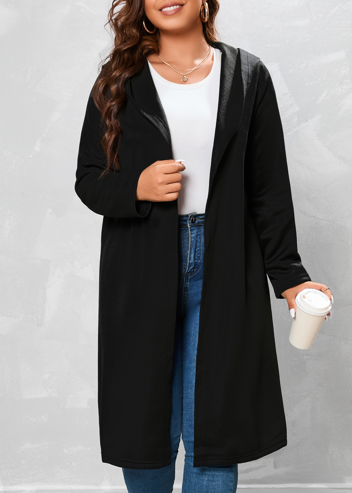 Plus Size Black Hooded Long Sleeve Coat