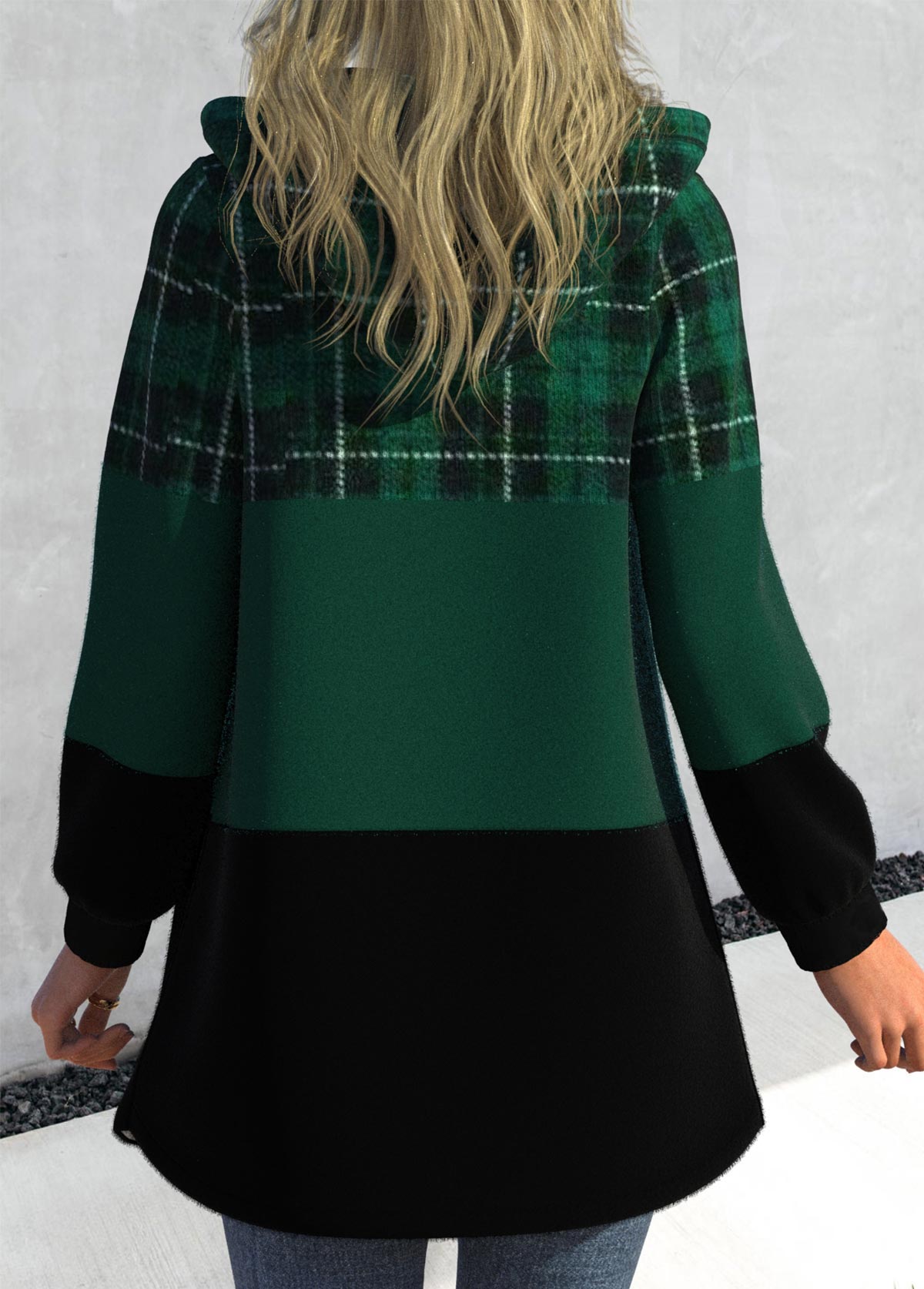 Blackish Green plus size,Plaid plus size,ROTITA Plus Size Patchwork Plaid Blackish Green Hooded Long Sleeve Jacket