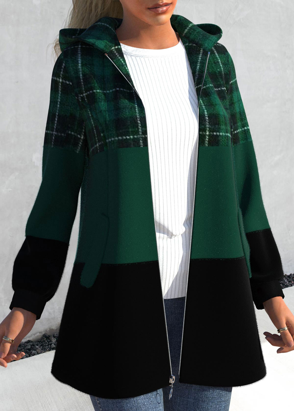 Blackish Green plus size,Plaid plus size,ROTITA Plus Size Patchwork Plaid Blackish Green Hooded Long Sleeve Jacket