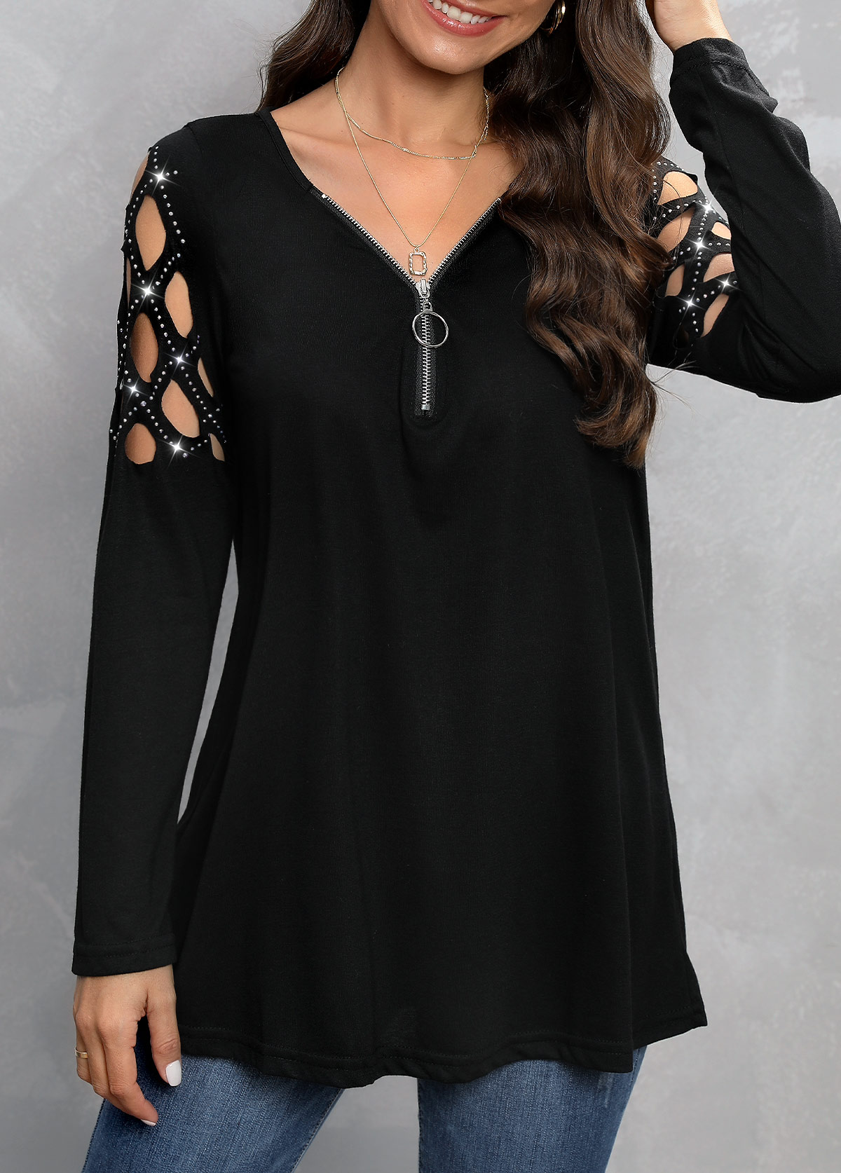 Black tops,Plain Color tops,Zipper Black V Neck Long Sleeve T Shirt
