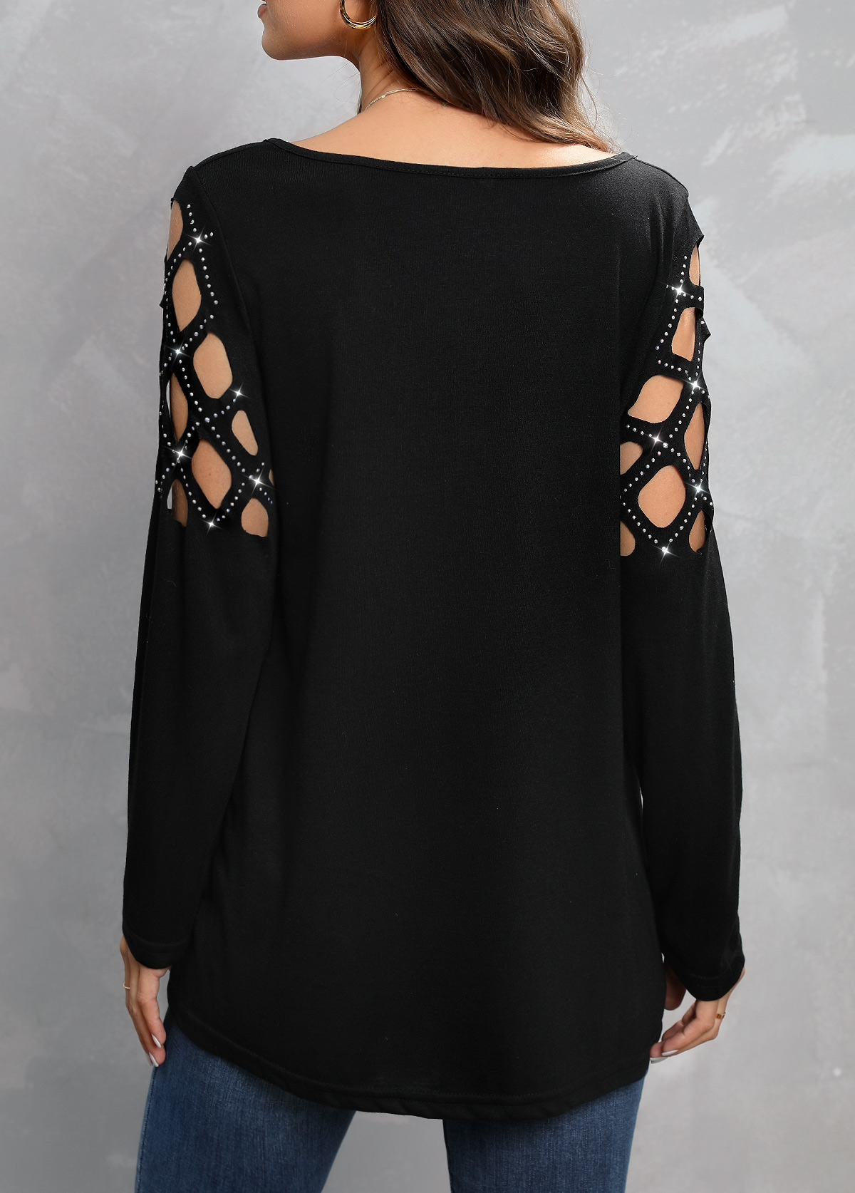 Black tops,Plain Color tops,Zipper Black V Neck Long Sleeve T Shirt