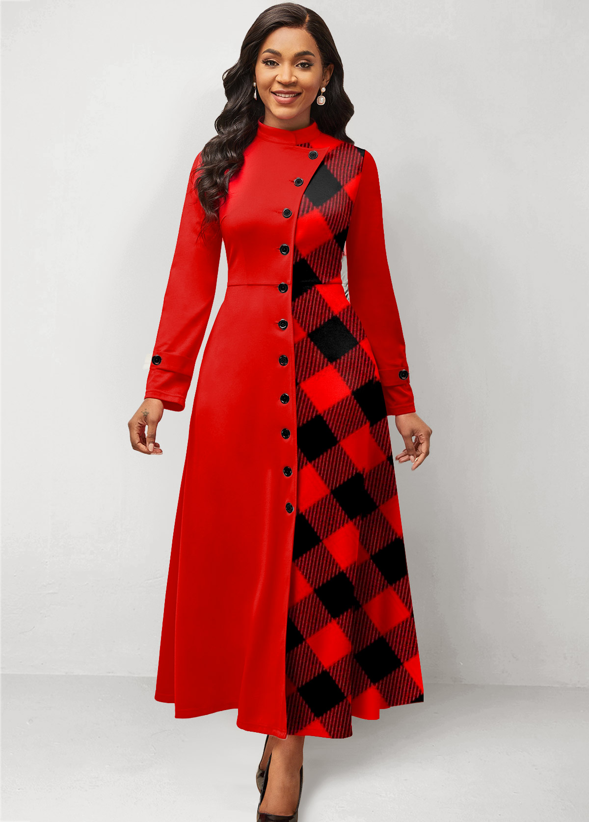 ROTITA Patchwork Plaid Red Stand Collar Maxi Dress