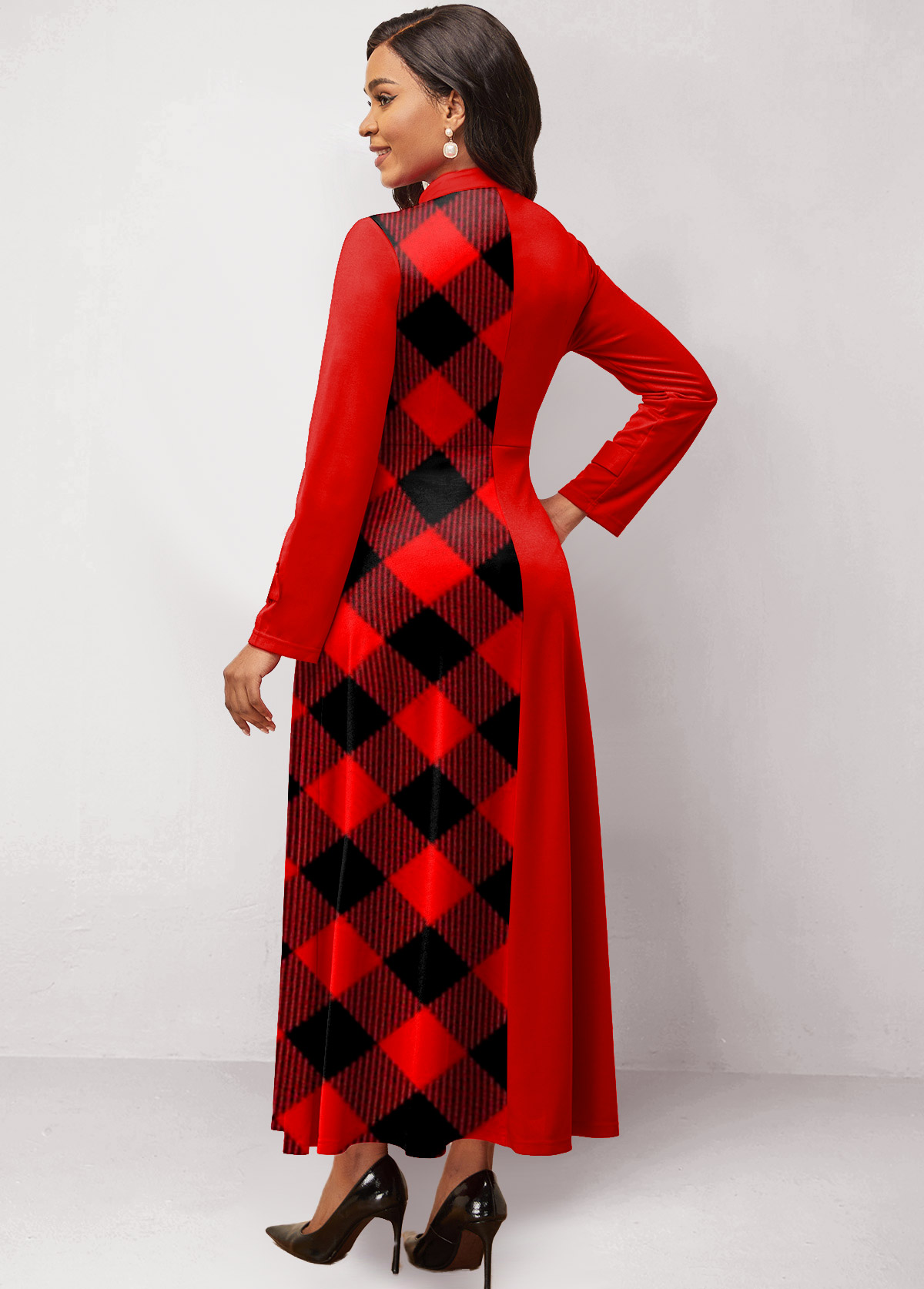 Red dresses,Plaid dresses,ROTITA Patchwork Plaid Red Stand Collar Maxi Dress