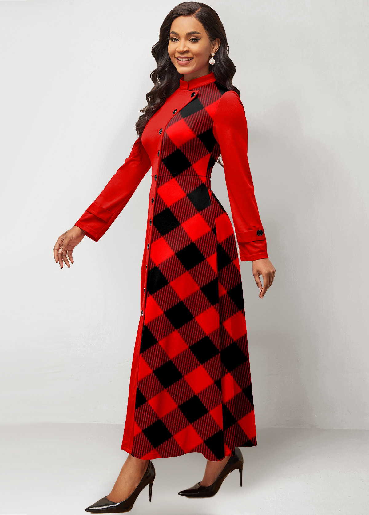 Red dresses,Plaid dresses,ROTITA Patchwork Plaid Red Stand Collar Maxi Dress