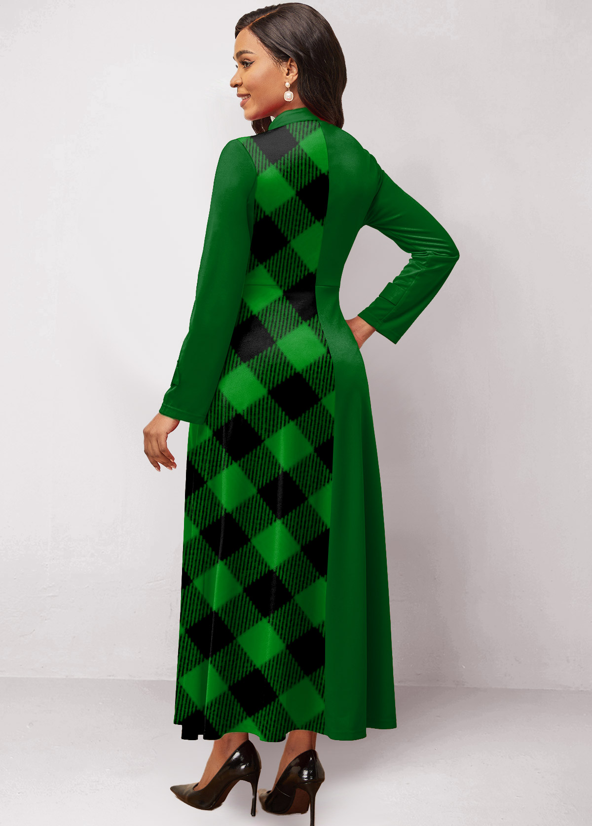 Green dresses,Plaid dresses,Striped dresses,ROTITA Patchwork Plaid Green Stand Collar Maxi Dress