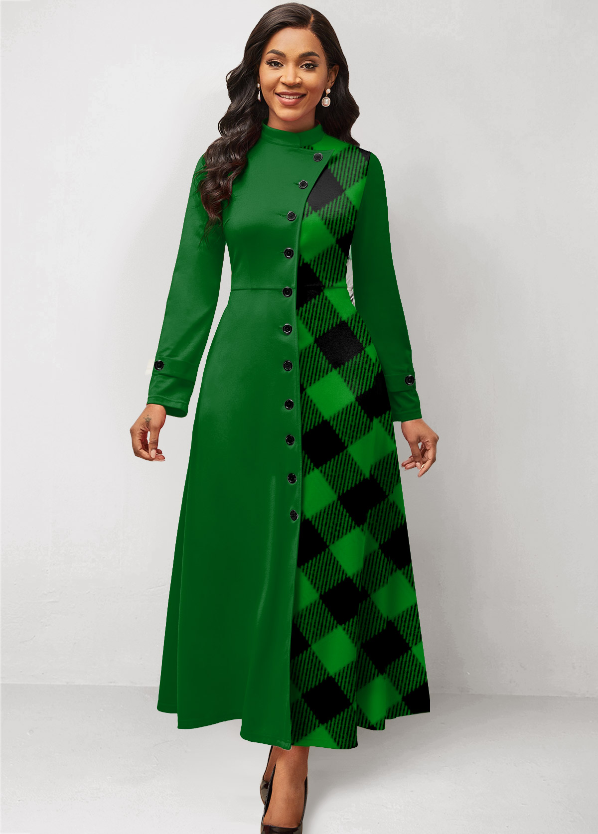 Green dresses,Plaid dresses,Striped dresses,ROTITA Patchwork Plaid Green Stand Collar Maxi Dress