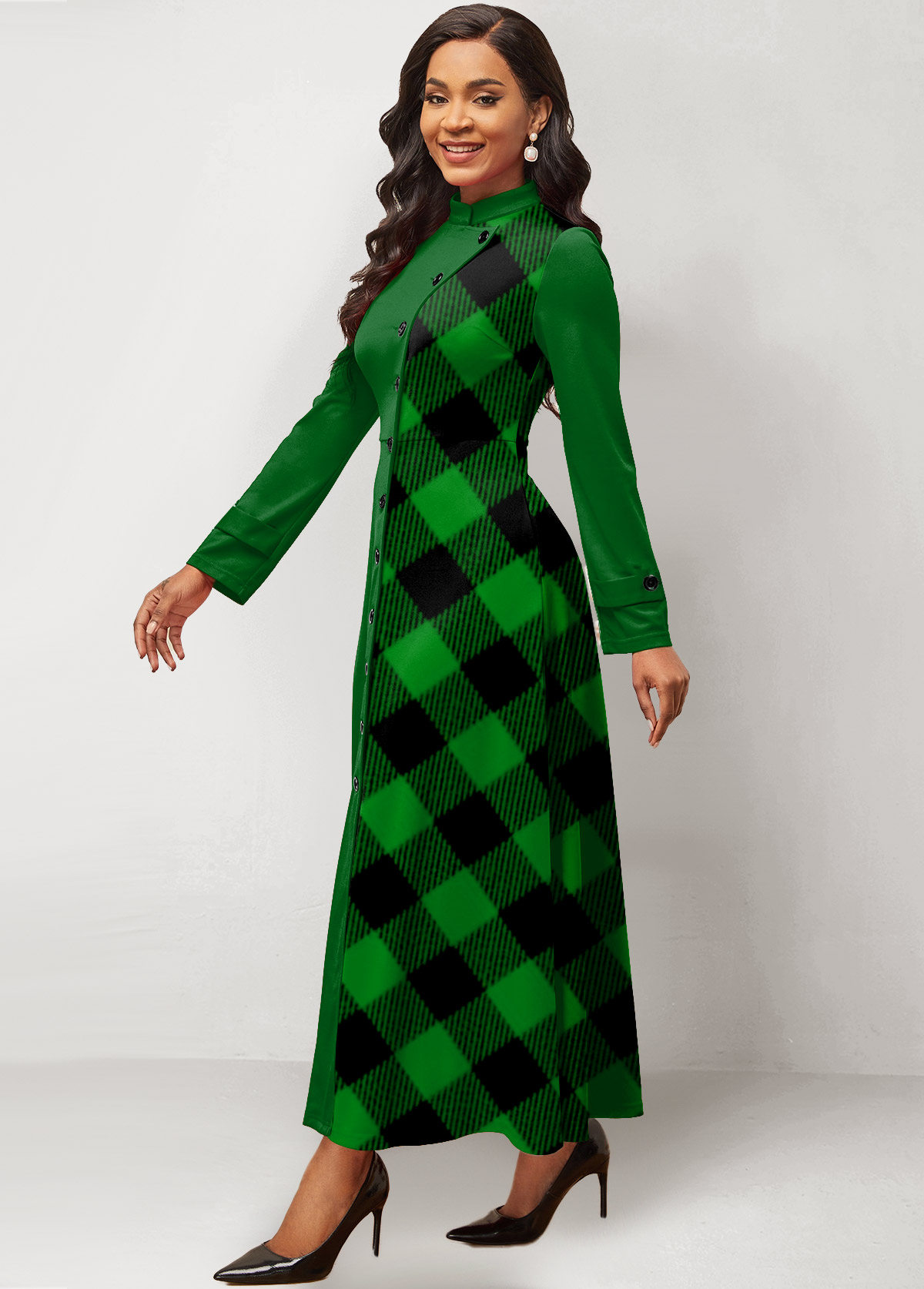 Green dresses,Plaid dresses,Striped dresses,ROTITA Patchwork Plaid Green Stand Collar Maxi Dress