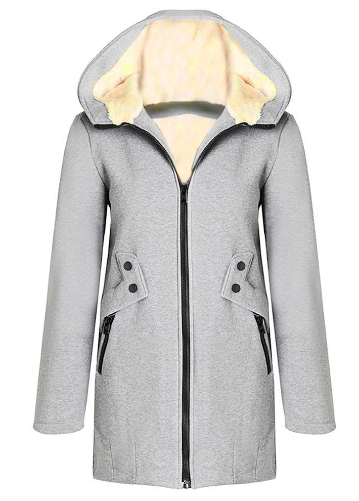 Pocket Grey Hooded Long Sleeve Coat