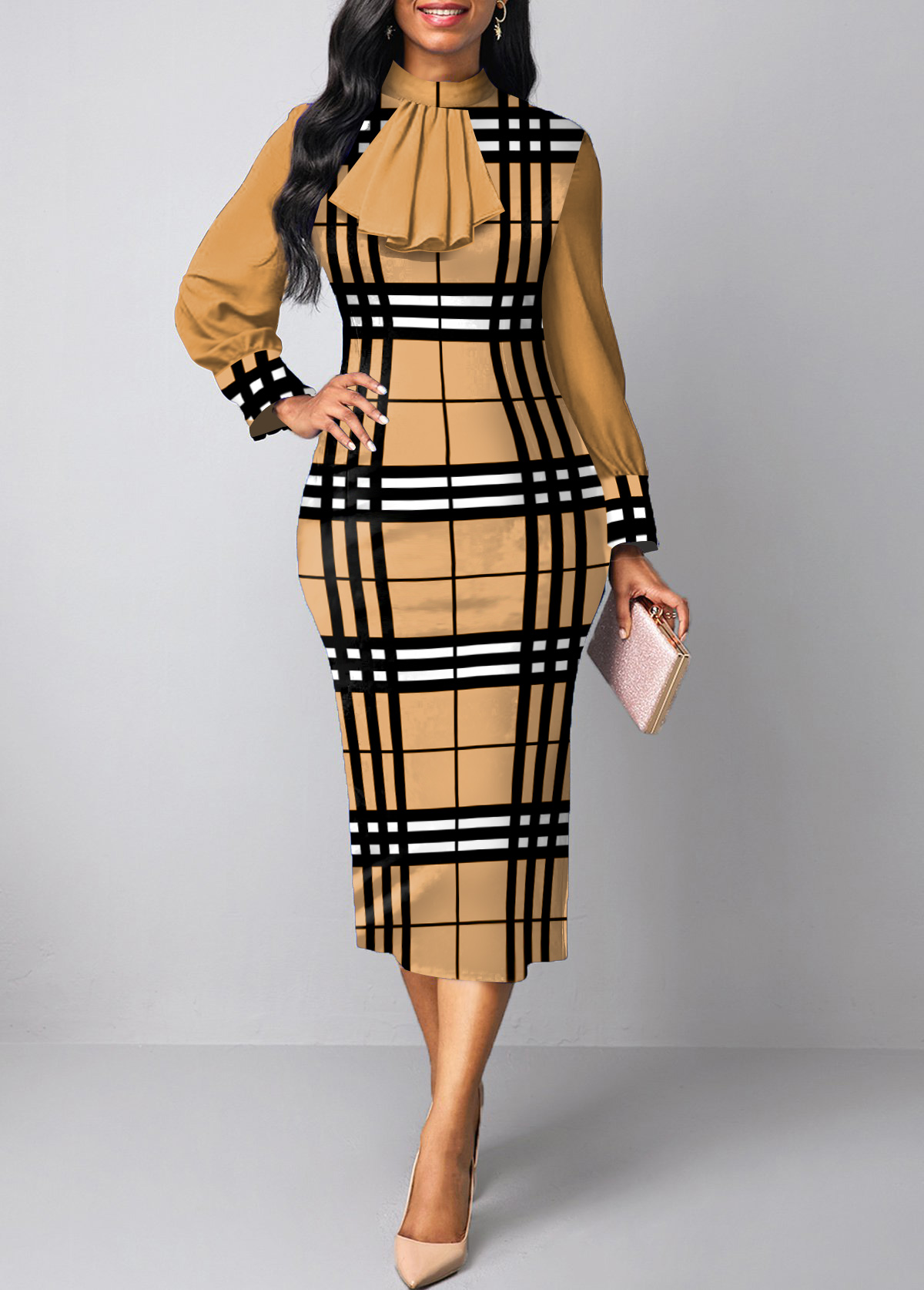 ROTITA Patchwork Plaid Light Camel Stand Collar Bodycon Dress