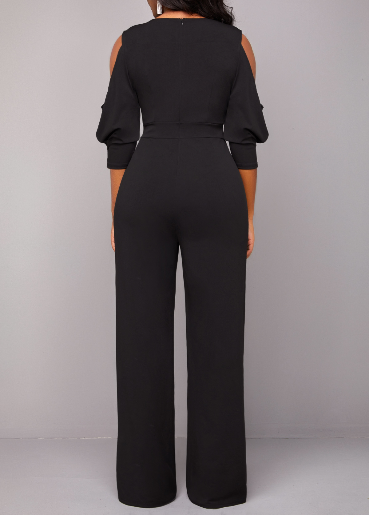 Black jumpsuits & rompers,Plain Color jumpsuits & rompers,ROTITA Metal Ring Cold Shoulder V Neck Black Jumpsuit