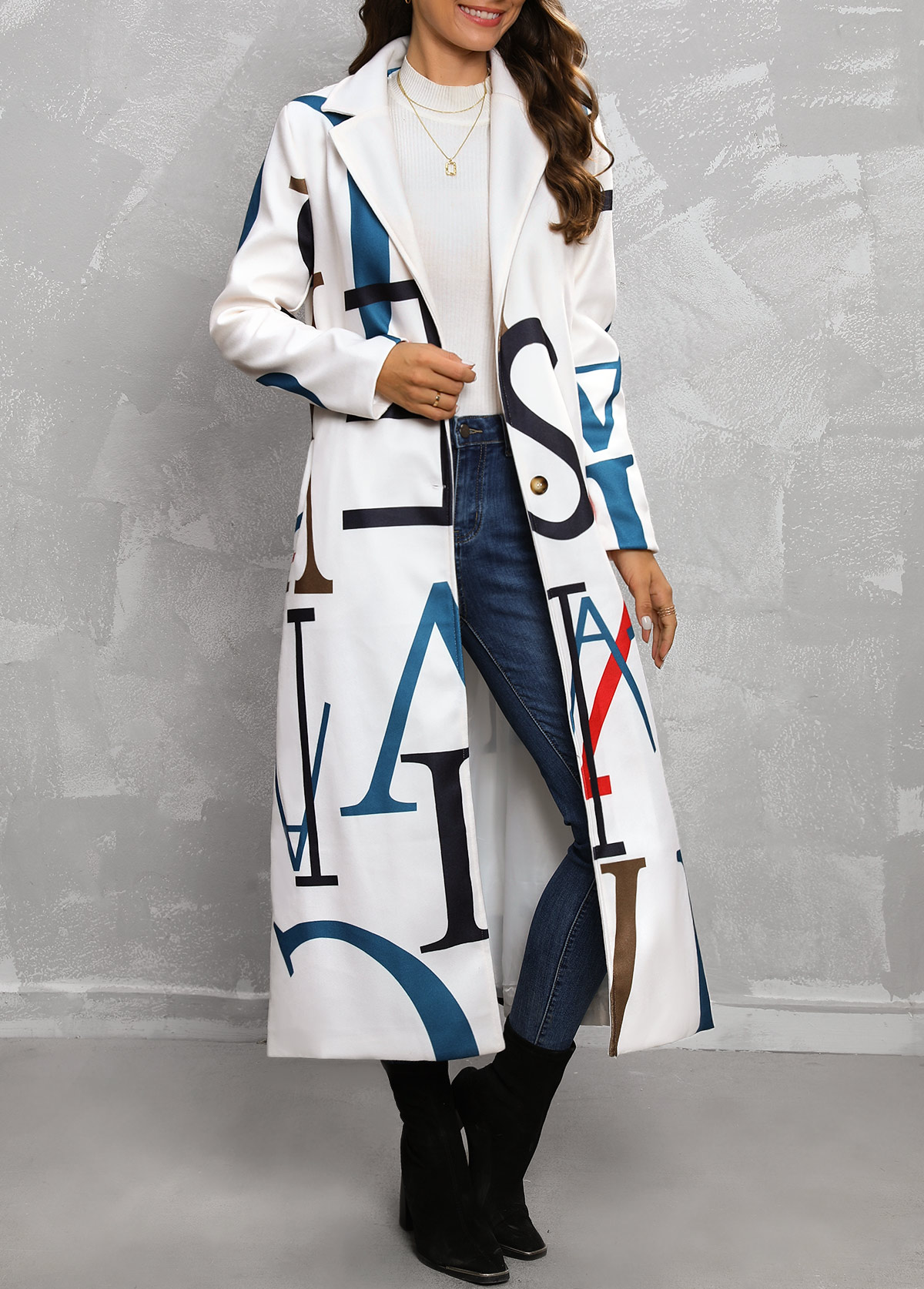 White outerwear & coats,Letter outerwear & coats,Pocket Letter Print White Lapel Long Sleeve Coat