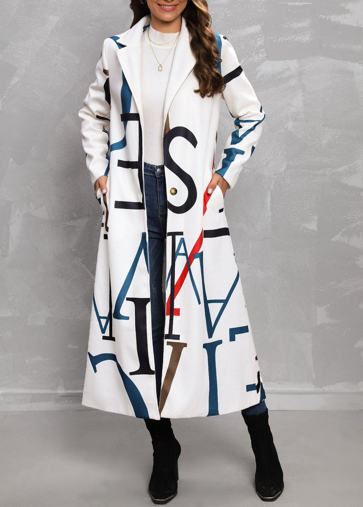 White outerwear & coats,Letter outerwear & coats,Pocket Letter Print White Lapel Long Sleeve Coat
