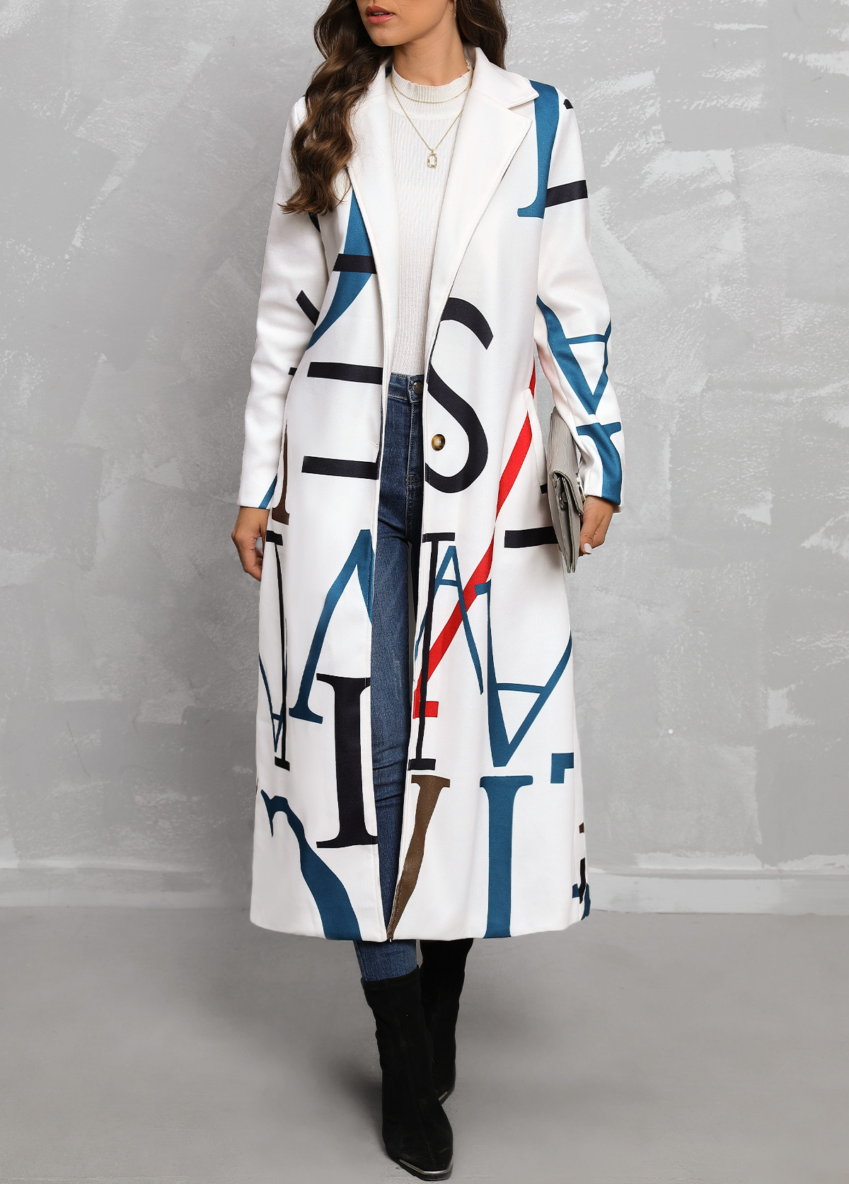 White outerwear & coats,Letter outerwear & coats,Pocket Letter Print White Lapel Long Sleeve Coat