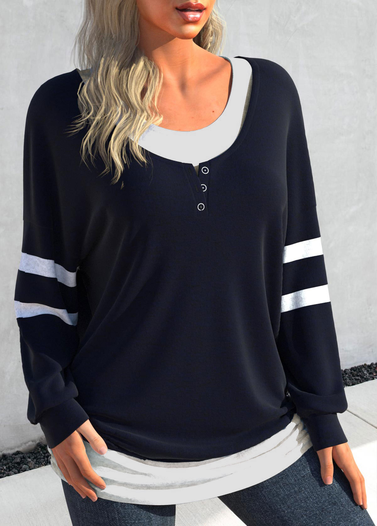 Navy tops,Contrast Color tops,ROTITA Patchwork Navy Round Neck Long Sleeve Sweatshirt