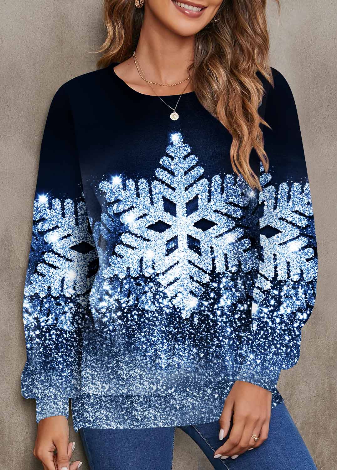Blue tops,Christmas tops,ROTITA Snowflake Print Blue Round Neck Long Sleeve Sweatshirt