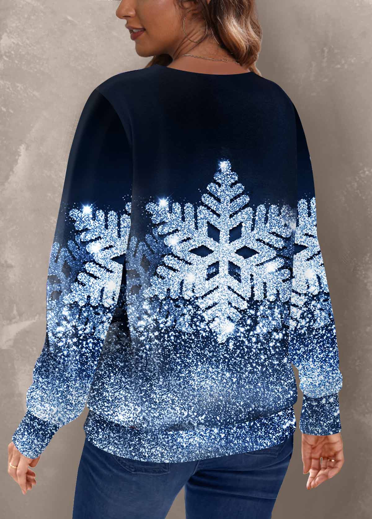 Blue tops,Christmas tops,ROTITA Snowflake Print Blue Round Neck Long Sleeve Sweatshirt