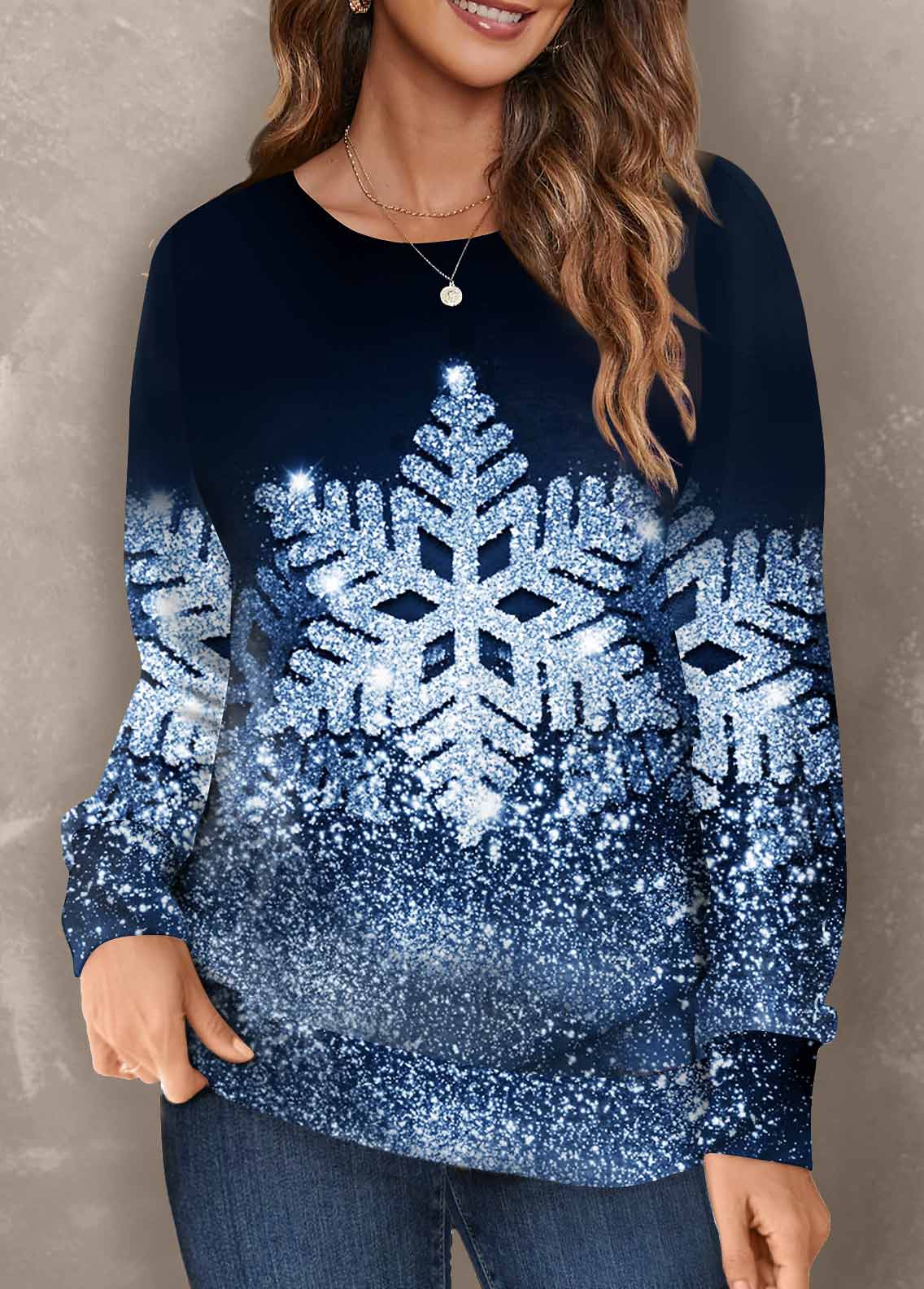 Blue tops,Christmas tops,ROTITA Snowflake Print Blue Round Neck Long Sleeve Sweatshirt