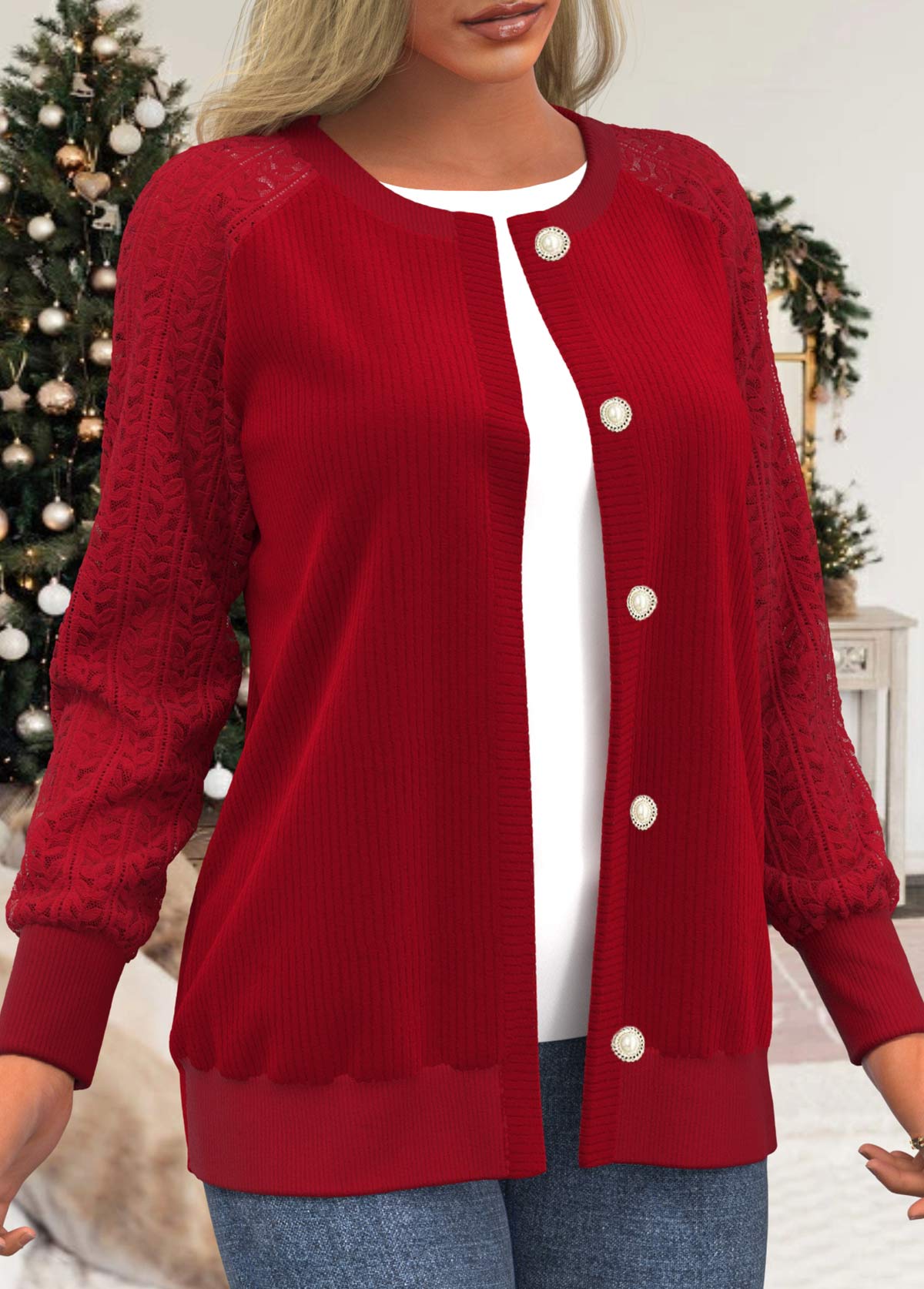 Red tops,Plain Color tops,ROTITA Lace Panel Button Up Red Round Neck Cardigan