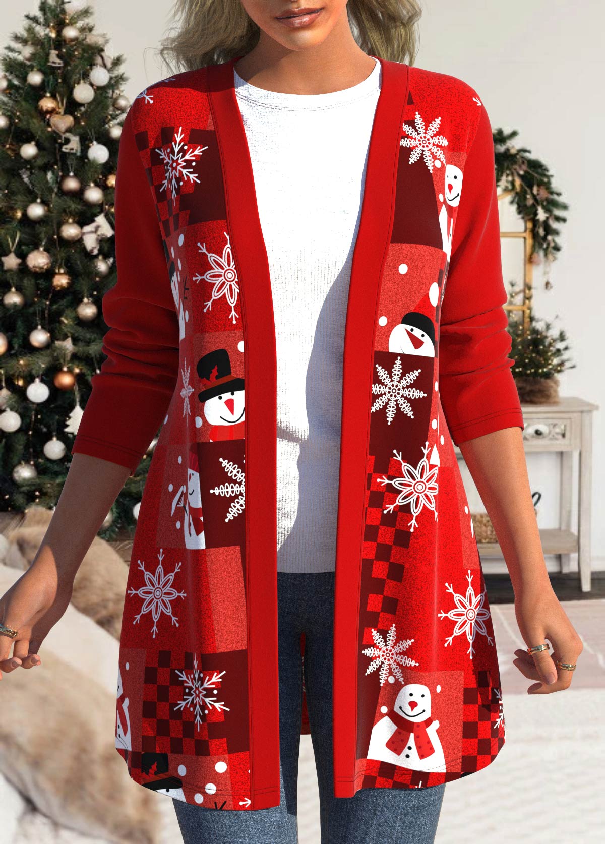 ROTITA Long Sleeve Red Patchwork Christmas Snowman Print Coat