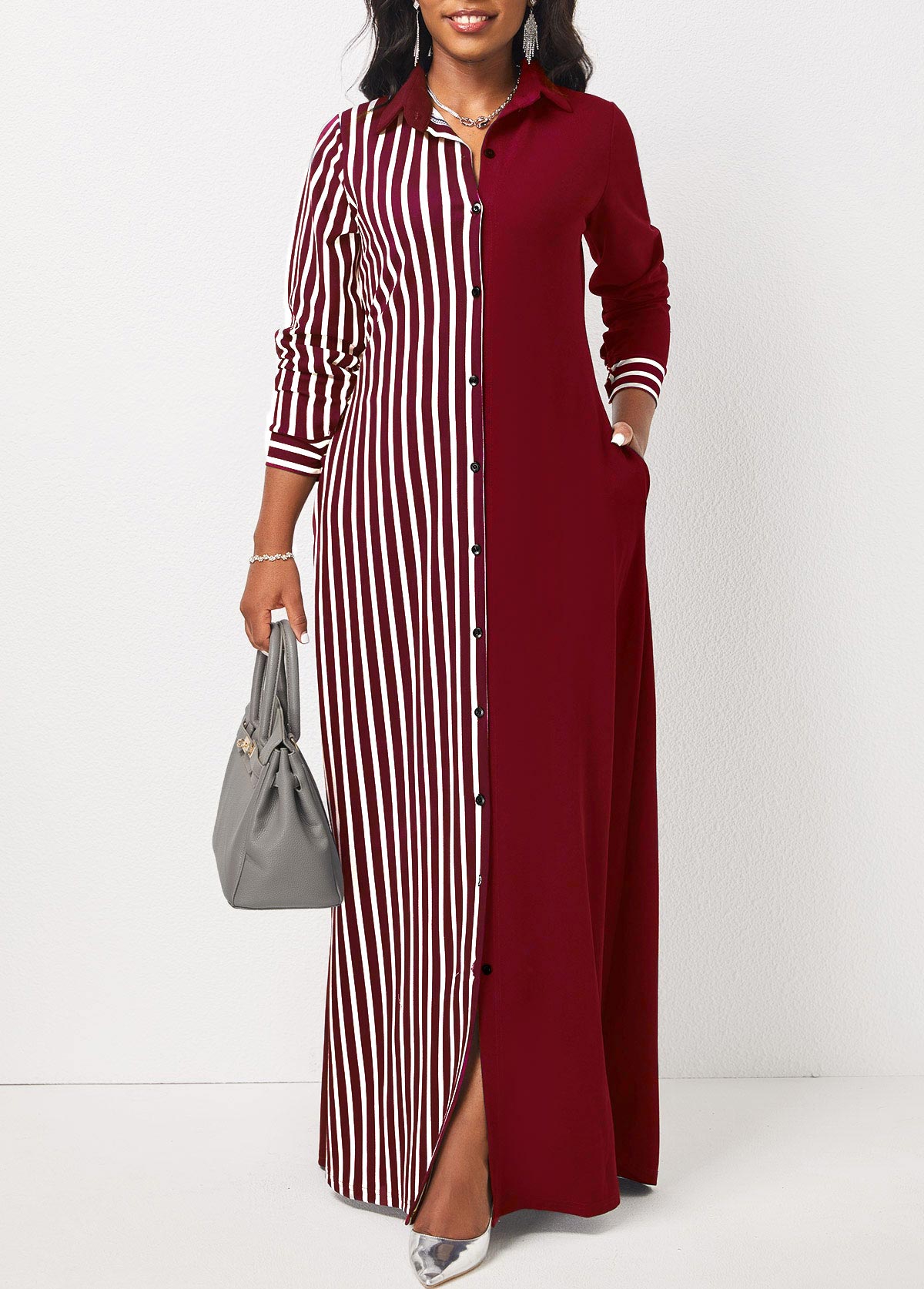 ROTITA Wine Red Striped Pocket Maxi Dress