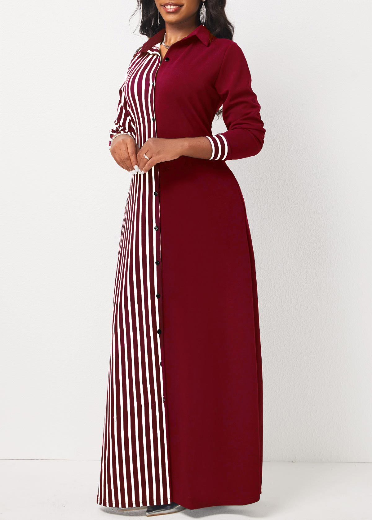Wine Red dresses,Striped dresses,ROTITA Wine Red Striped Pocket Maxi Dress
