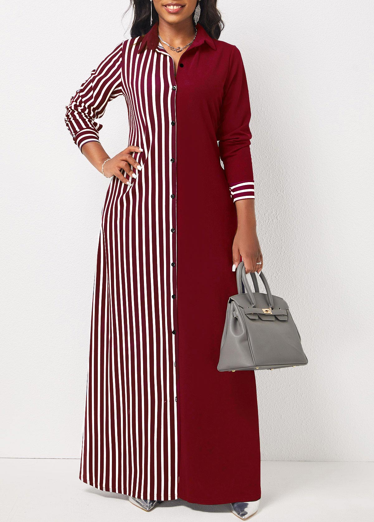 Wine Red dresses,Striped dresses,ROTITA Wine Red Striped Pocket Maxi Dress