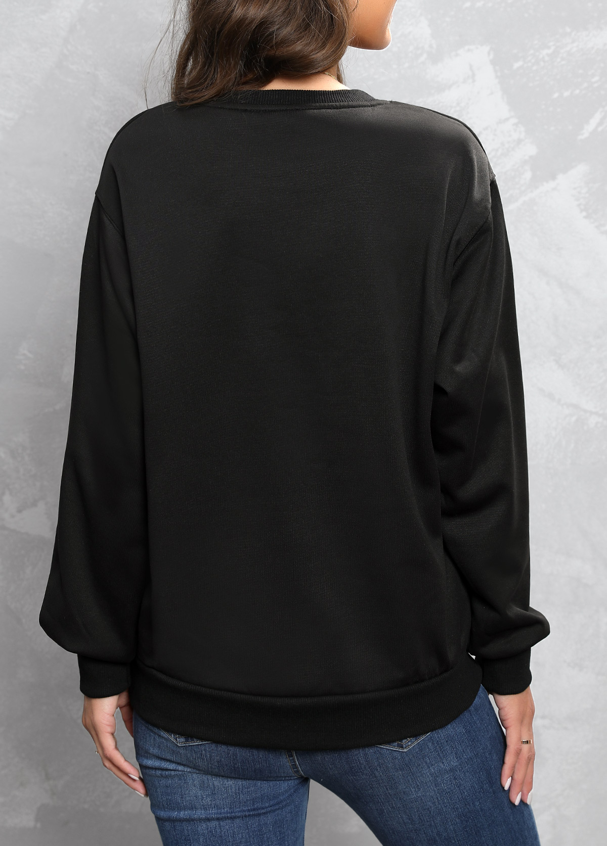 Black tops,Letter tops,Hot Drilling Letter Design Black Round Neck Sweatshirt