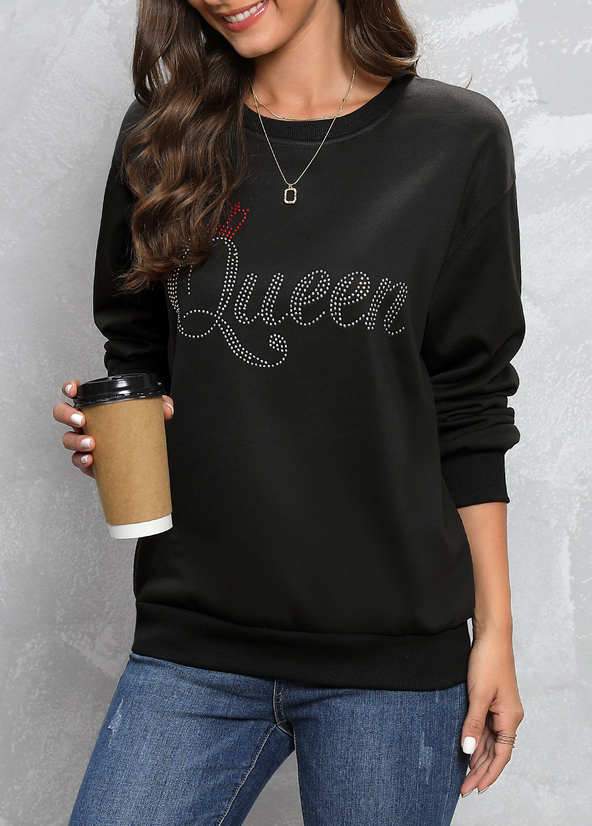 Black tops,Letter tops,Hot Drilling Letter Design Black Round Neck Sweatshirt