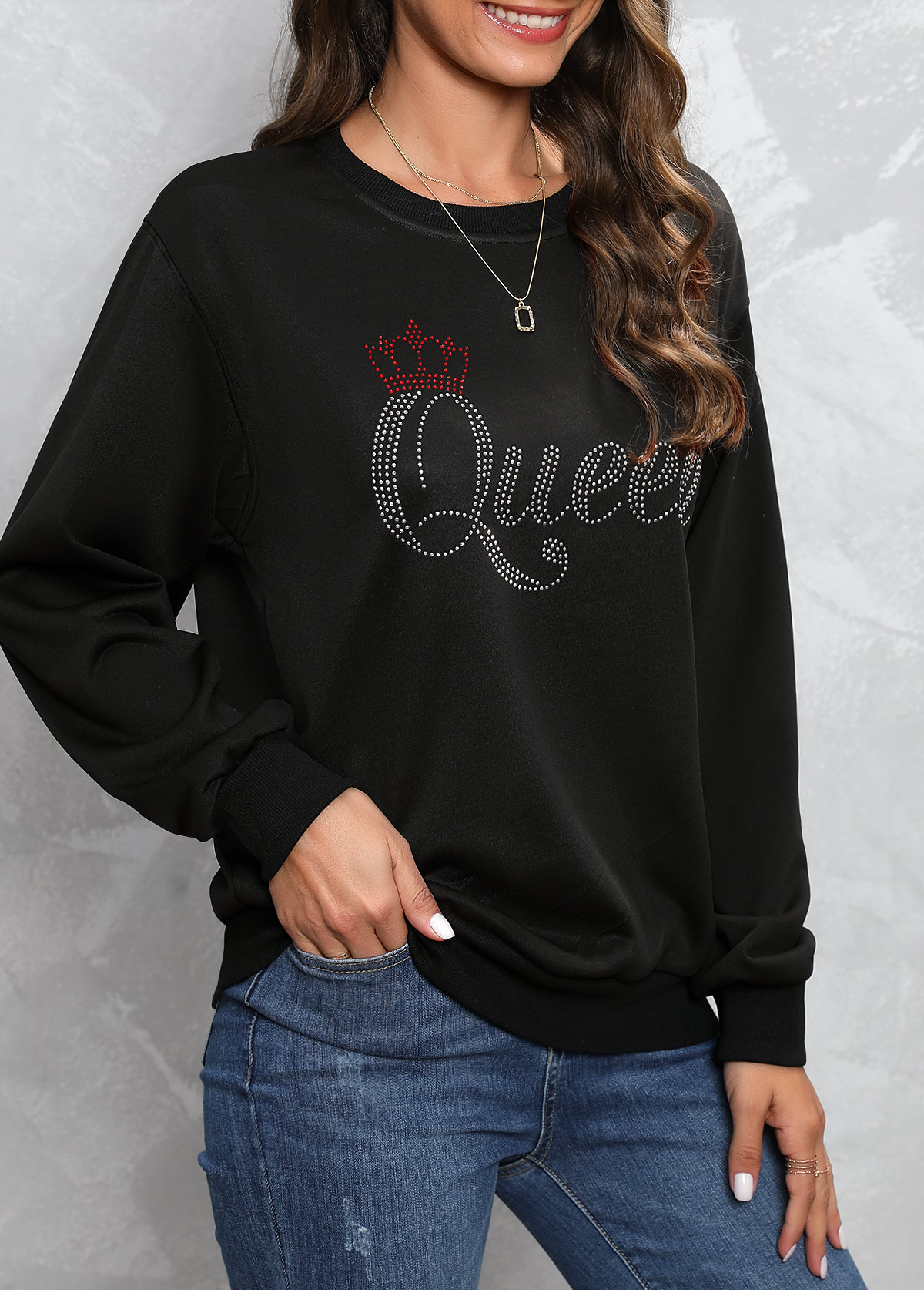 Black tops,Letter tops,Hot Drilling Letter Design Black Round Neck Sweatshirt